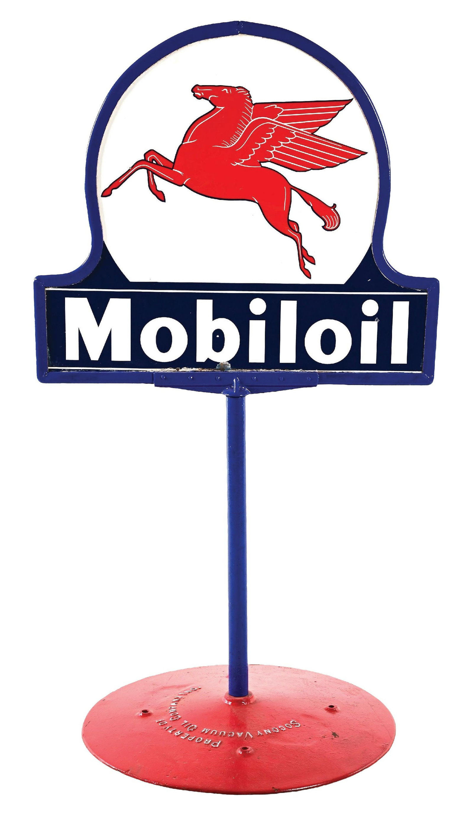 MOBILOIL PORCELAIN KEYHOLE SIGN W/ ORIGINAL BASE: DSP. C. 1930s. CONDITION: Sign shows excellent color and gloss throughout each side, with some minor areas of very light chips in the inner and outer fields, which have been lightly touched- up. Minor
