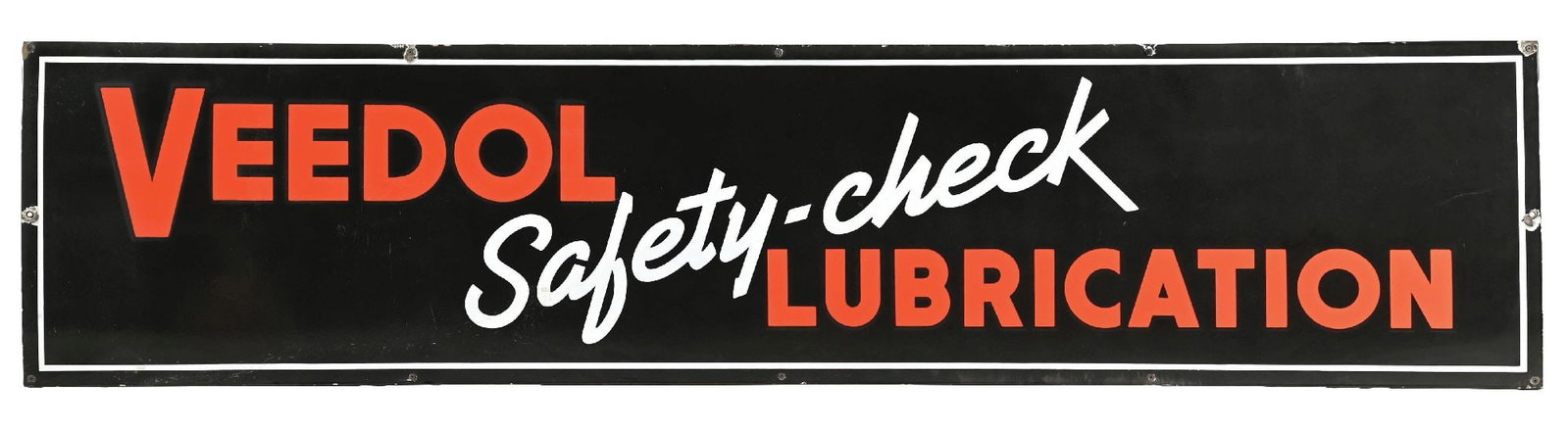 VEEDOL SAFETY-CHECK LUBRICATION PORCELAIN SIGN: SSP. C. 1940s. CONDITION: Very good color and gloss throughout the field, showing minor areas of cloudiness, as well as some surface scratching. Sign showing chipping at the mounting holes, as well as
