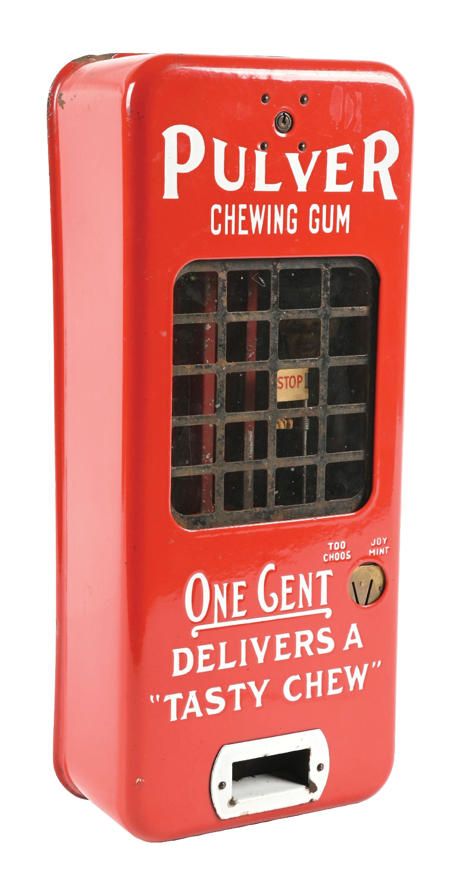 1¢ PULVER CHEWING GUM PORCELAIN VENDING MACHINE: SSP. C. 1930s. CONDITION: Casing showing outstanding color and gloss throughout, with no notable field wear. Minimal chips along the far outer edges, but overall outstanding. Internals in all original