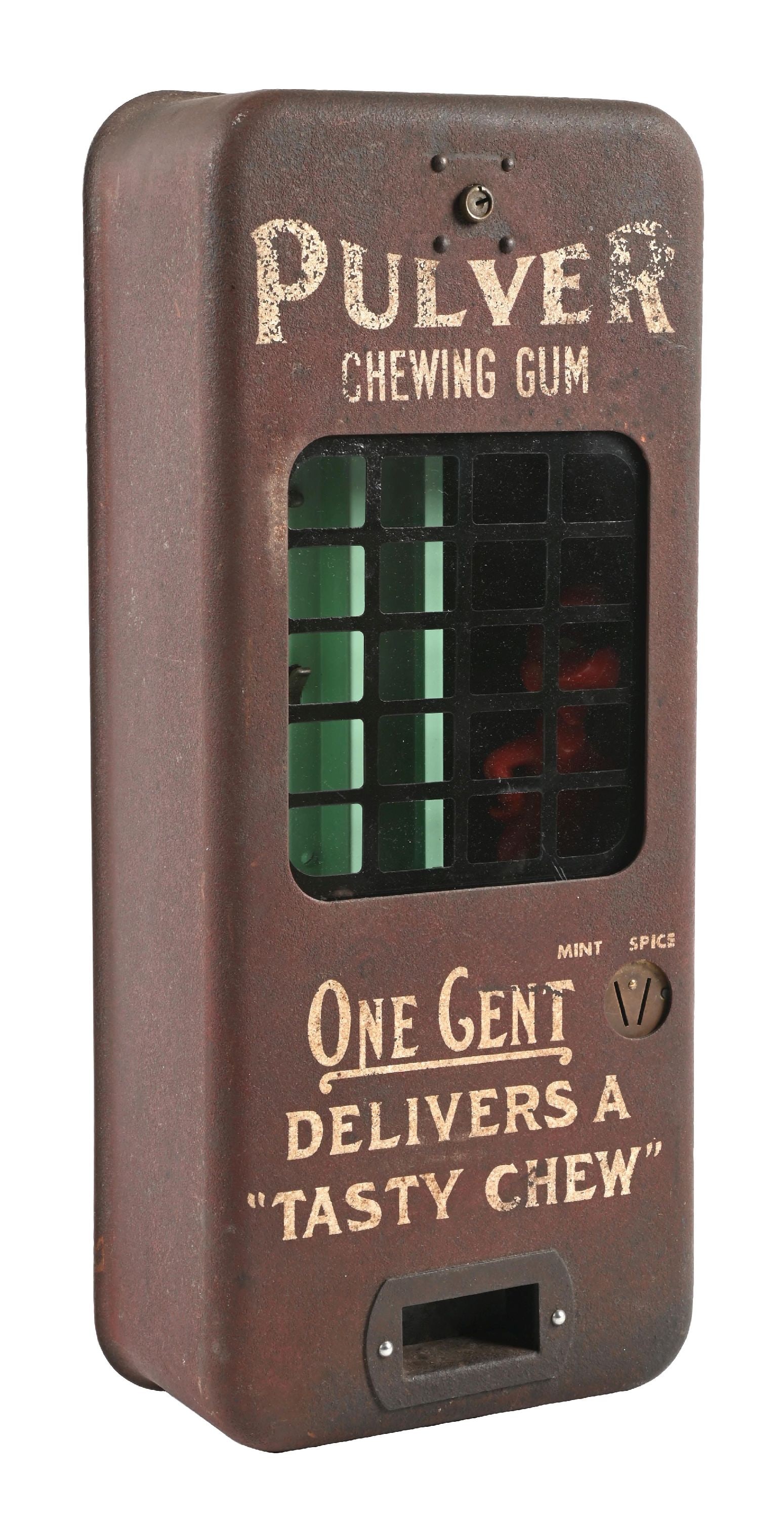 PULVER CHEWING GUM 1¢ PAINTED METAL VENDING MACHINE: Painted Metal-Faced Gum Machine from Pulver Gum. CONDITION: Exterior, showing an excellent age and patina throughout the metal with no heavy damage or wear. The paint is solid, with minor wear along t