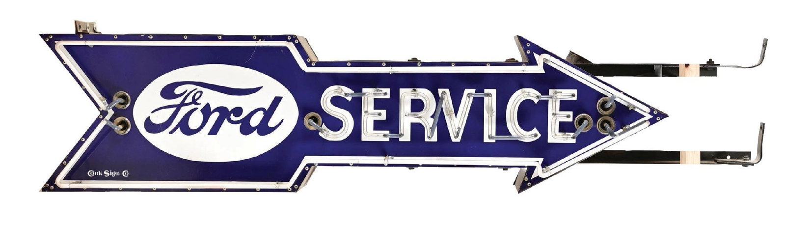 OUTSTANDING FORD SERVICE ARROW PORCELAIN NEON SIGN: Two Single-Sided Porcelain Signs mounted back to back on what appears to be the original metal can. Each marked Cook Sign Company. CONDITION: Each sign is in outstanding condition, showing brilliant c