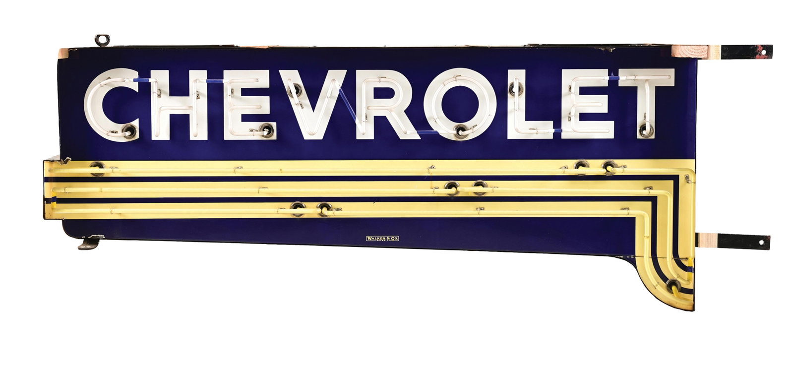 OUTSTANDING CHEVROLET COMPLETE PORCELAIN NEON SIGN: Two Single-Sided Signs mounted back to back on metal can. Each sign marked Walker and Co. CONDITION: Each side showing outstanding color and gloss throughout with minimal areas of faint wear to the fi