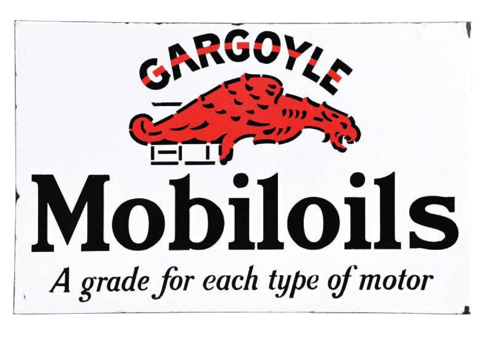 GARGOYLE MOBILOIL "A GRADE FOR EACH TYPE OF MOTORS" PORCELAIN FLANGE SIGN (1 of 2)