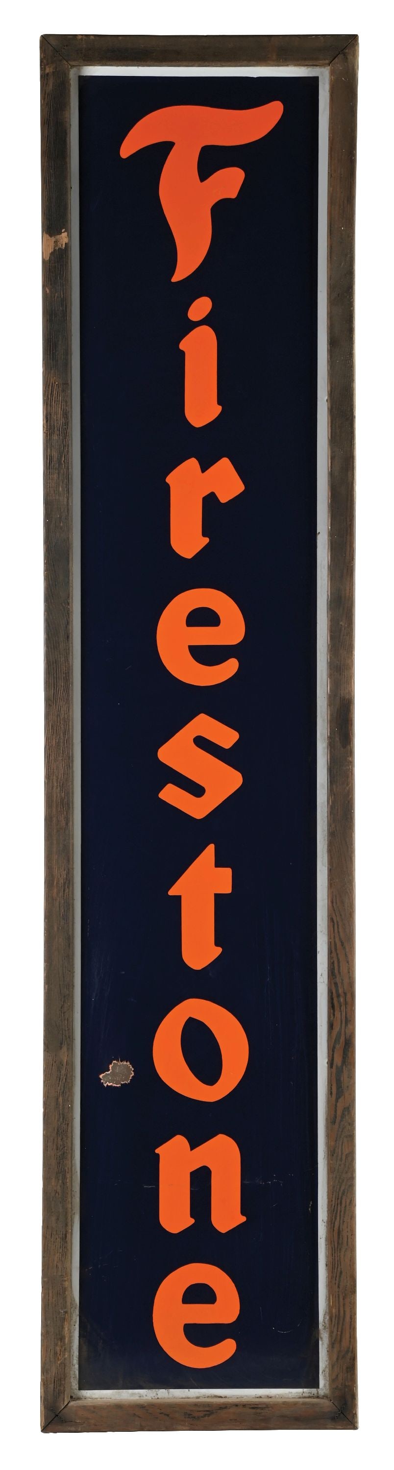 FIRESTONE TIRES PORCELAIN SIGN WITH ORIGINAL WOOD FRAME: SSP. C. 1930s. Marked Cal. Metal Enamel. CONDITION: Excellent color and gloss throughout the field, showing one chip in the lower field and some minor surface scratches. Original wood frame in very go