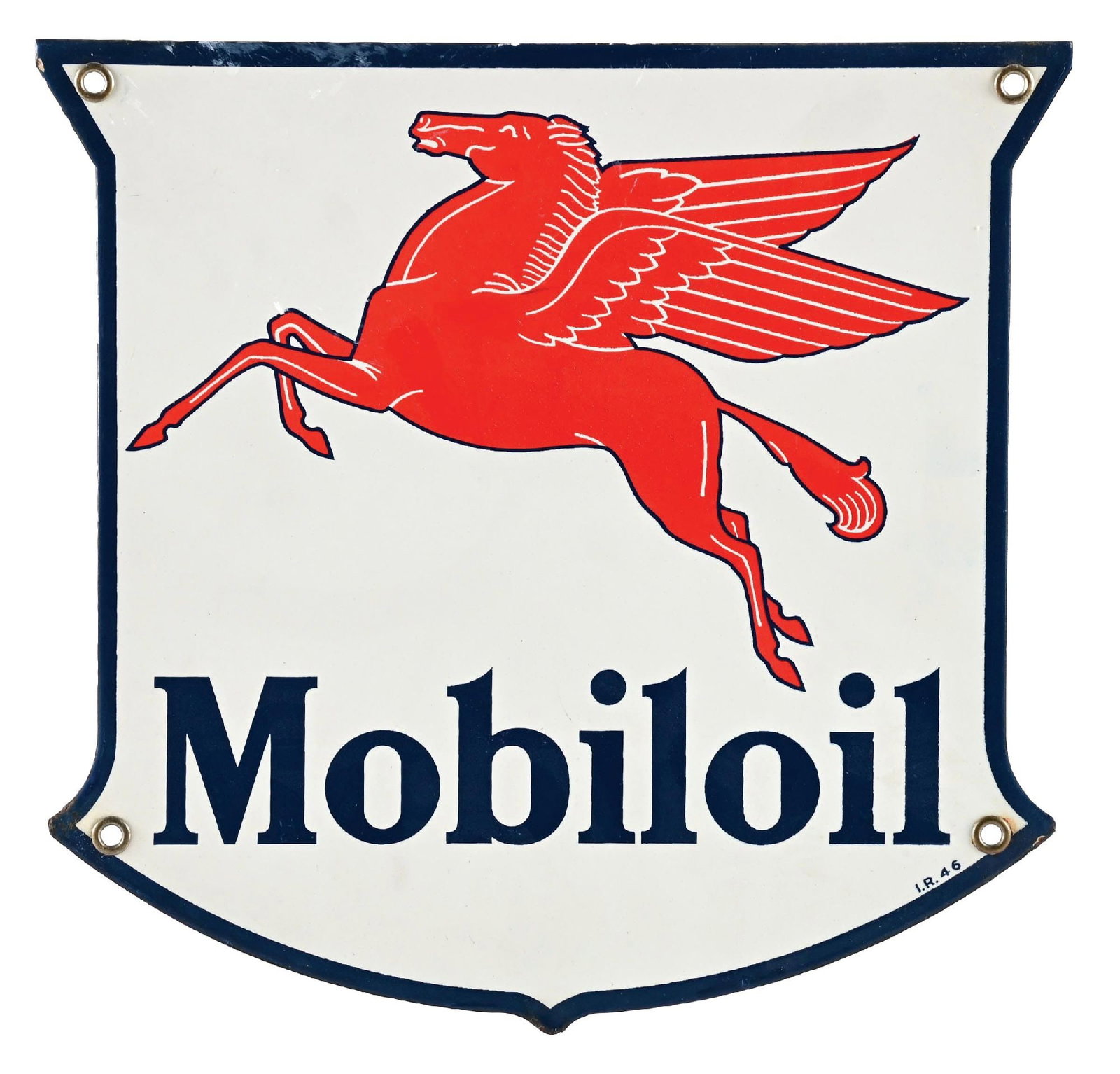 MOBILOIL PORCELAIN PUMP PLATE SIGN WITH PEGASUS GRAPHIC: SSP. Maker Marked Ingram Richardson and Dated 1946. CONDITION: Excellent color and gloss throughout, showing no field wear with minimal areas of light wear at the mounting holes. Light nicks along the