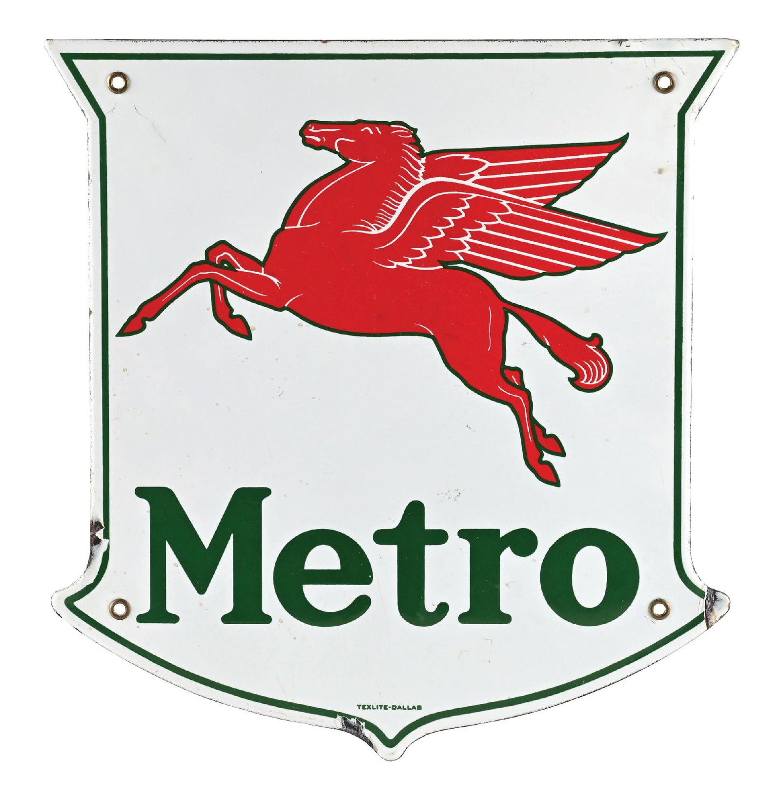METRO GASOLINE PORCELAIN PUMP PLATE SIGN WITH PEGASUS GRAPHIC: SSP. Maker Marked Texlite-Dallas. CONDITION: Sign showing very good color, with some general dullness to the white porcelain. Light areas of surface scratching in the outer fields with minor chips alo