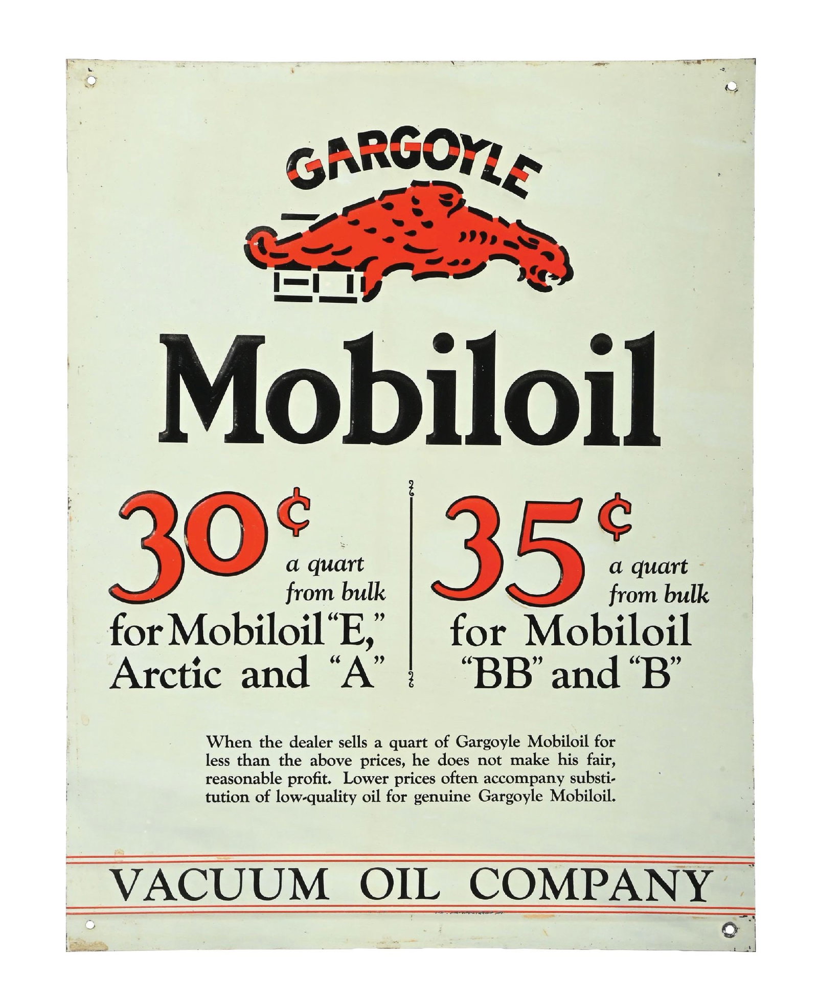 MOBIOIL 30¢ & 35¢ EMBOSSED TIN SIGN W/ GARGOYLE GRAPHIC (1 of 2)