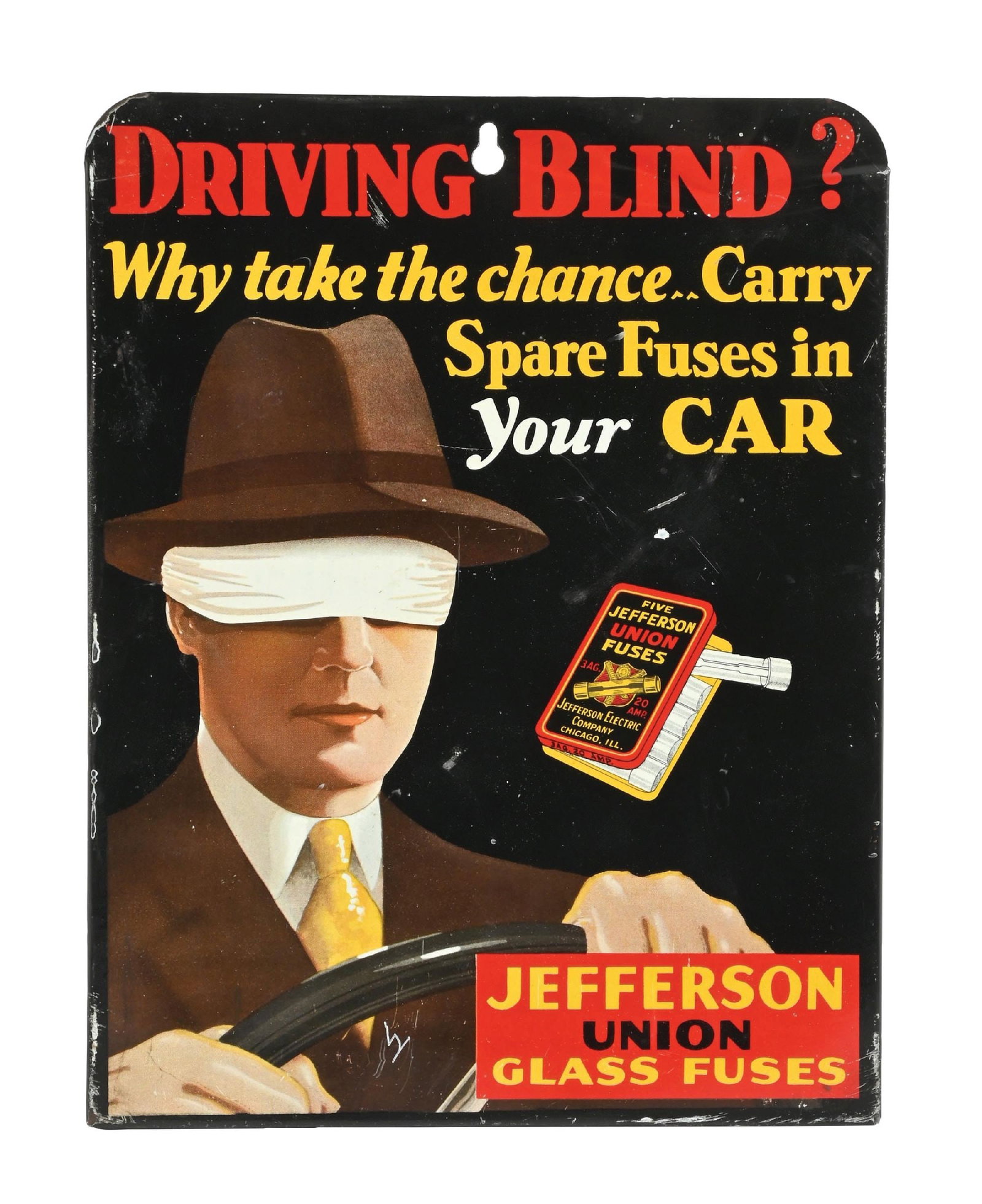 RARE JEFFERSON AUTOMOTIVE FUSES TIN STORE DISPLAY W/ BLIND DRIVER GRAPHIC (1 of 4)