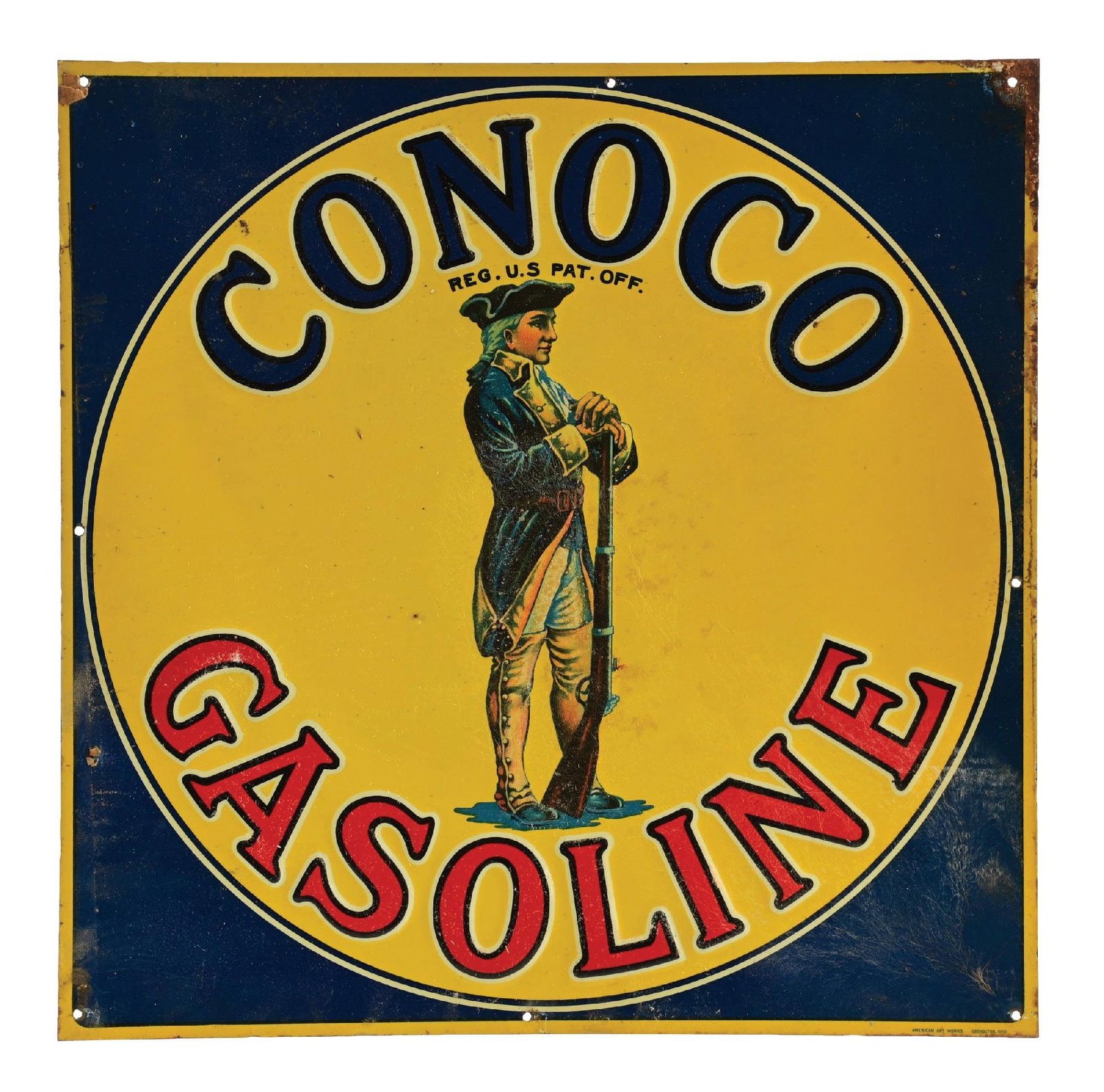 CONOCO GASOLINE EMBOSSED TIN SIGN W/ COLONIAL MINUTEMAN GRAPHIC (1 of 3)
