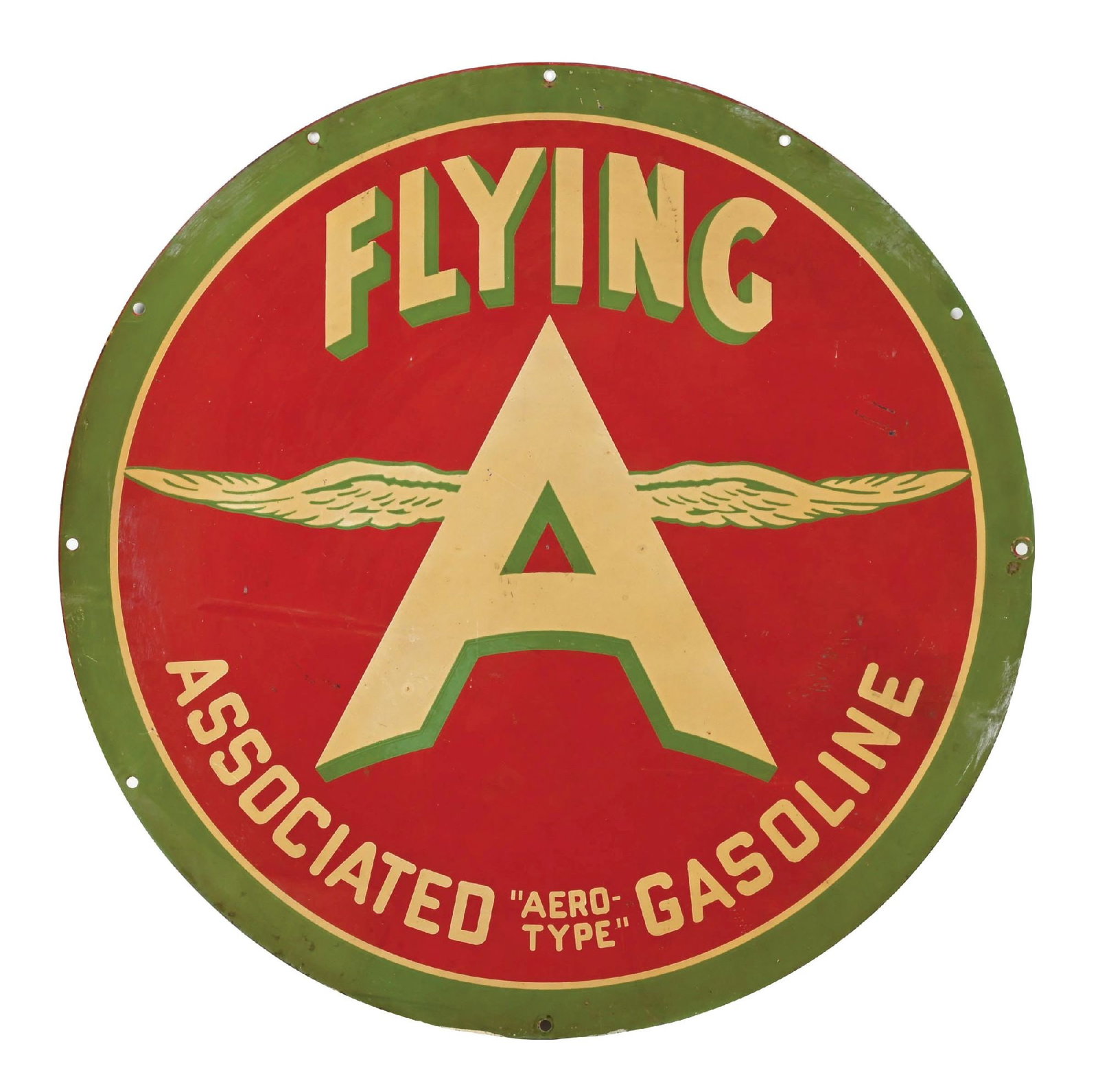 FLYING A ASSOCIATED "AERO TYPE" GASOLINE TIN SIGN: DST. C. 1930s. CONDITION: Side one showing fair color and gloss throughout with some minor surface scratching in the fields, areas of age staining, and discoloration. Side one showing minor mounting h