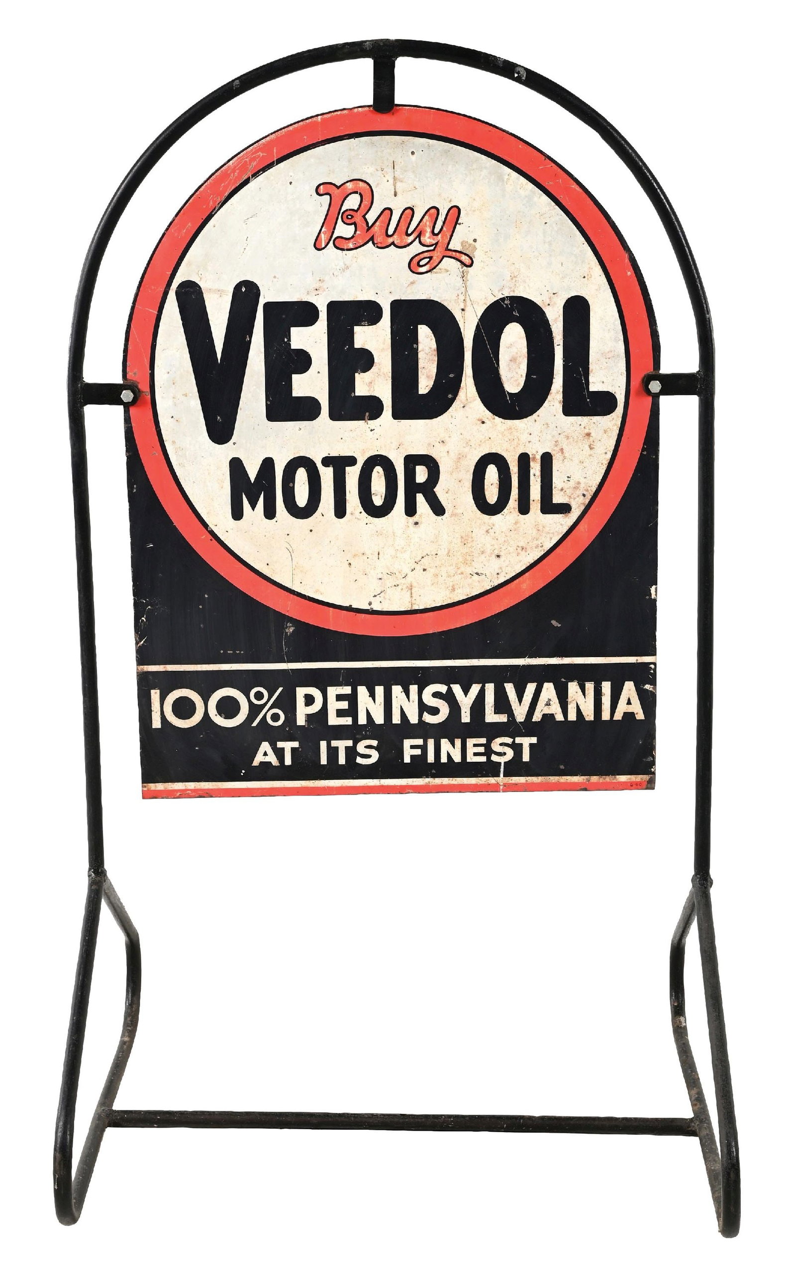 BUY VEEDOL MOTOR OIL TIN CURB SIGN WITH ORIGINAL STAND: DST. C. 1940s. CONDITION: Each side showing moderate wear throughout, with areas of surface scratching and paint loss giving the piece a great original patina. Original metal stand in good condition, 
