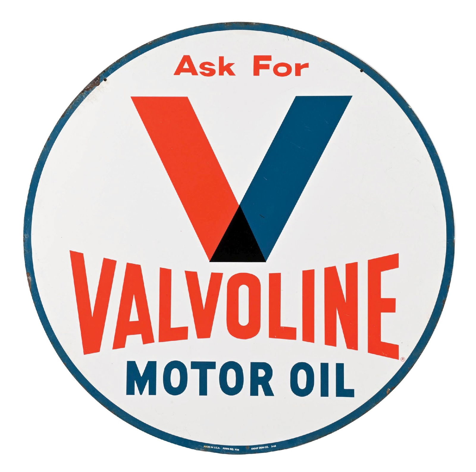 VALVOLINE MOTOR OIL TIN SIGN: DST. Maker marked Stout Sign Co. and dated 1968. CONDITION: Side one showing excellent color and gloss throughout the field, with minor areas of light surface scratching, as well as some light paint l
