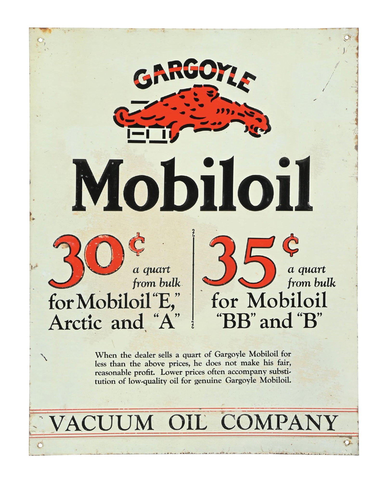 MOBILOIL 30¢ & 35¢ EMBOSSED TIN SIGN (1 of 2)