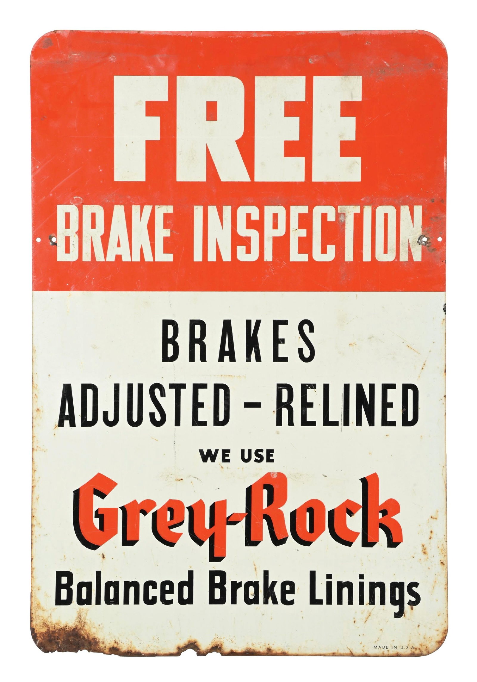 GREY-ROCK BALANCED BRAKE LININGS TIN SERVICE STATION SIGN (1 of 3)