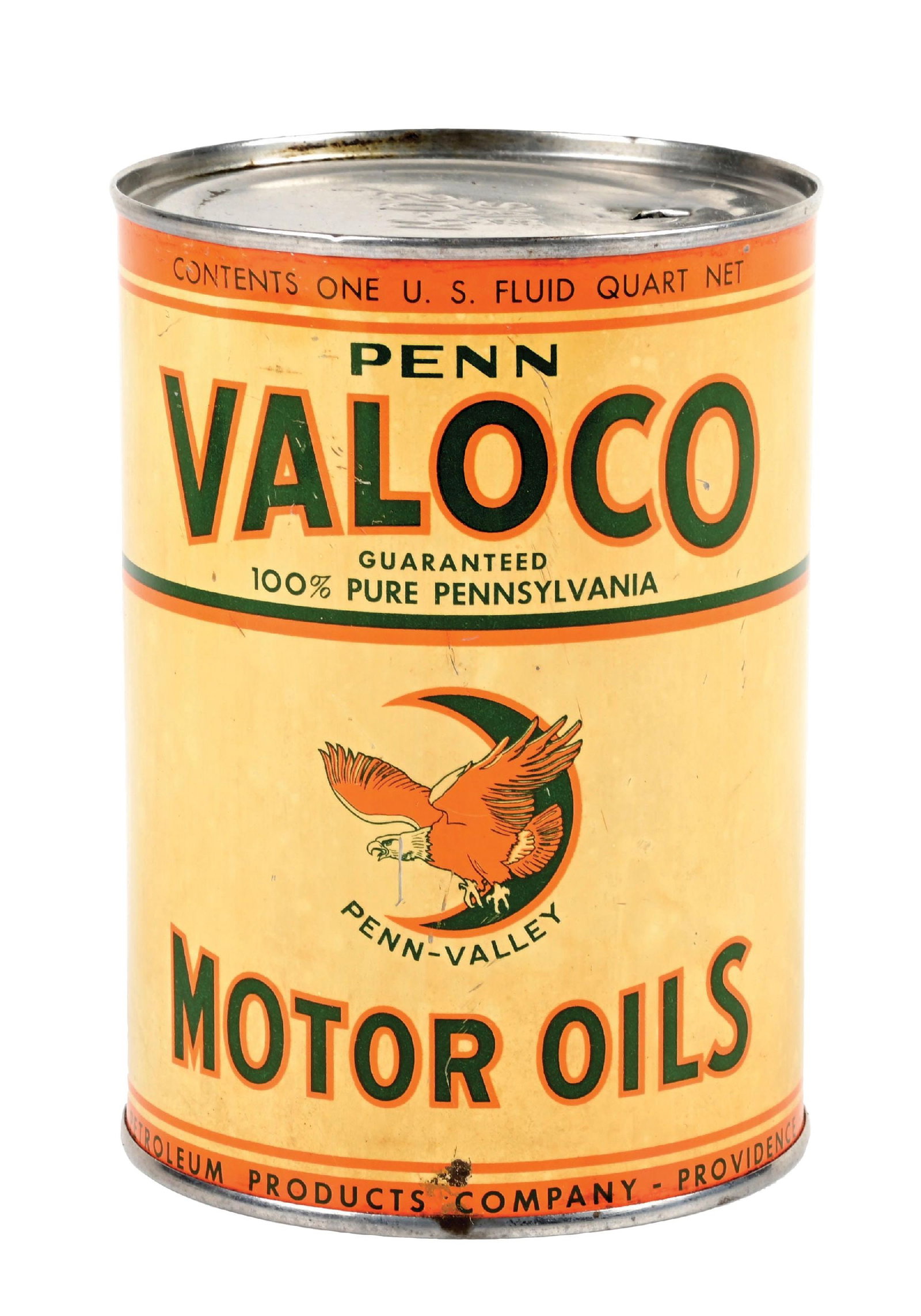 RARE PENN VALOCO MOTOR OIL ONE QUART CAN: One Quart Can. C. 1930s. CONDITION: Bright color throughout the orange, showing unique eagle graphic at the center. Minor areas of light surface scratches, as well as some age discoloration to the cre