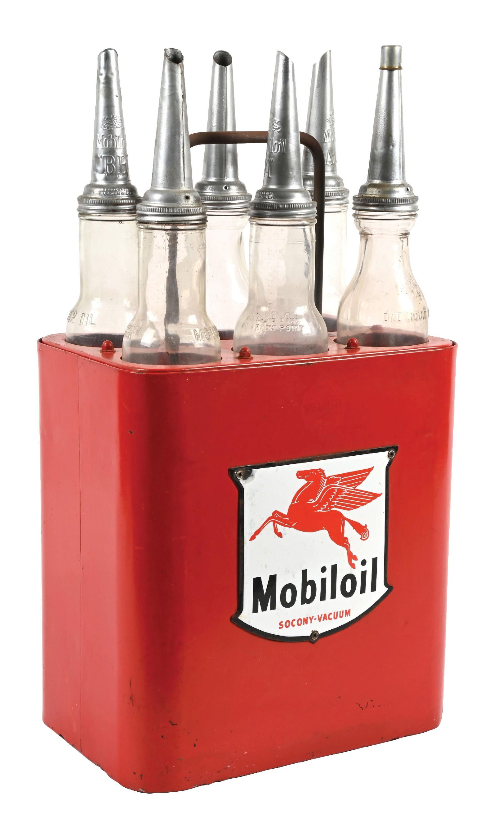 MOBILOIL GLASS OIL BOTTLE RACK W/ BOTTLES (1 of 4)