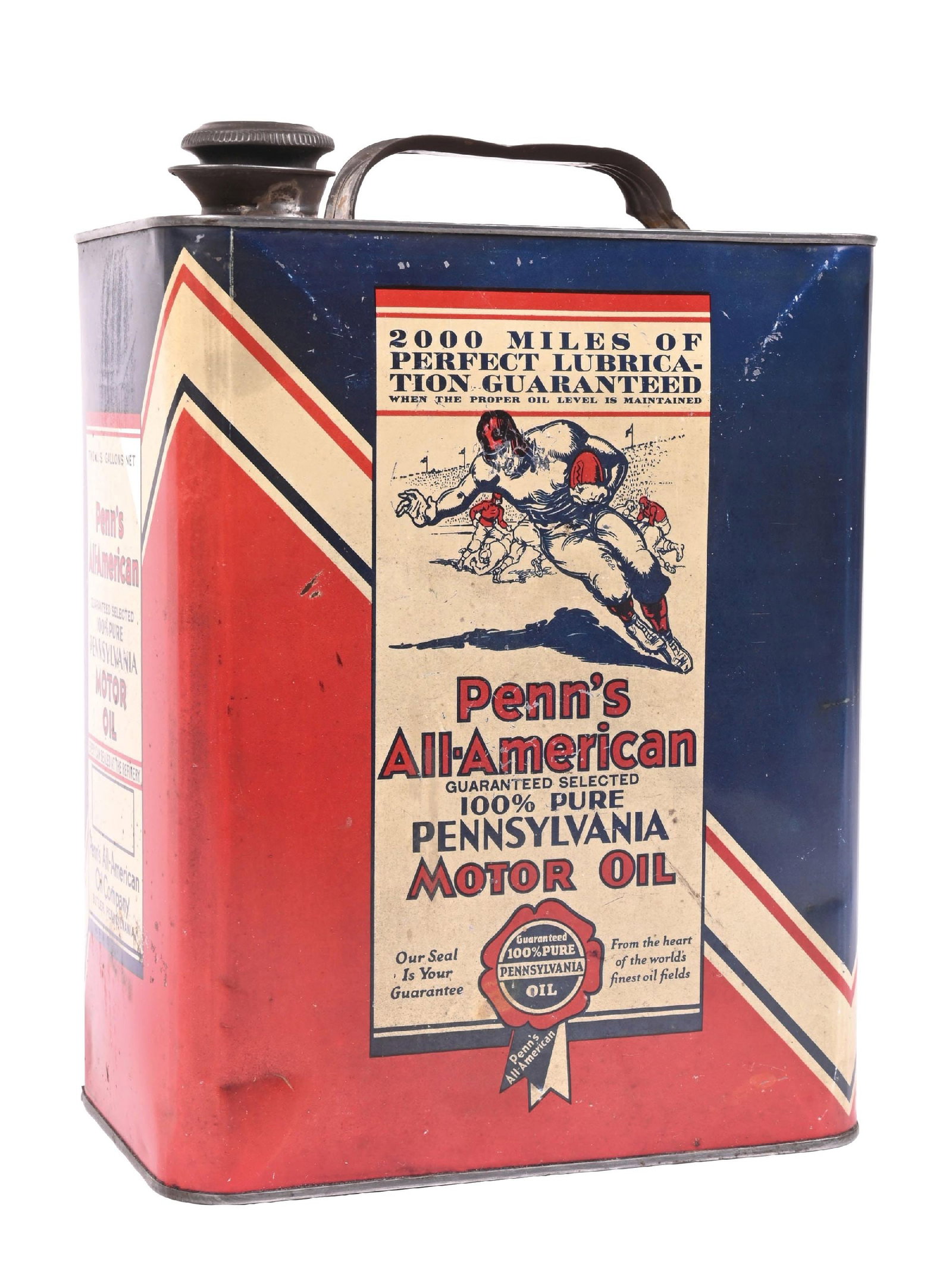 PENN'S ALL-AMERICAN 100% PURE PENNSYLVANIA MOTOR OIL TWO GALLON CYLINDER CAN: Two Gallon Can. CONDITION: Very good color throughout with areas of age and oil staining to the gloss. Areas of surface scratching present in the fields with some light storage and dent markings. Orig