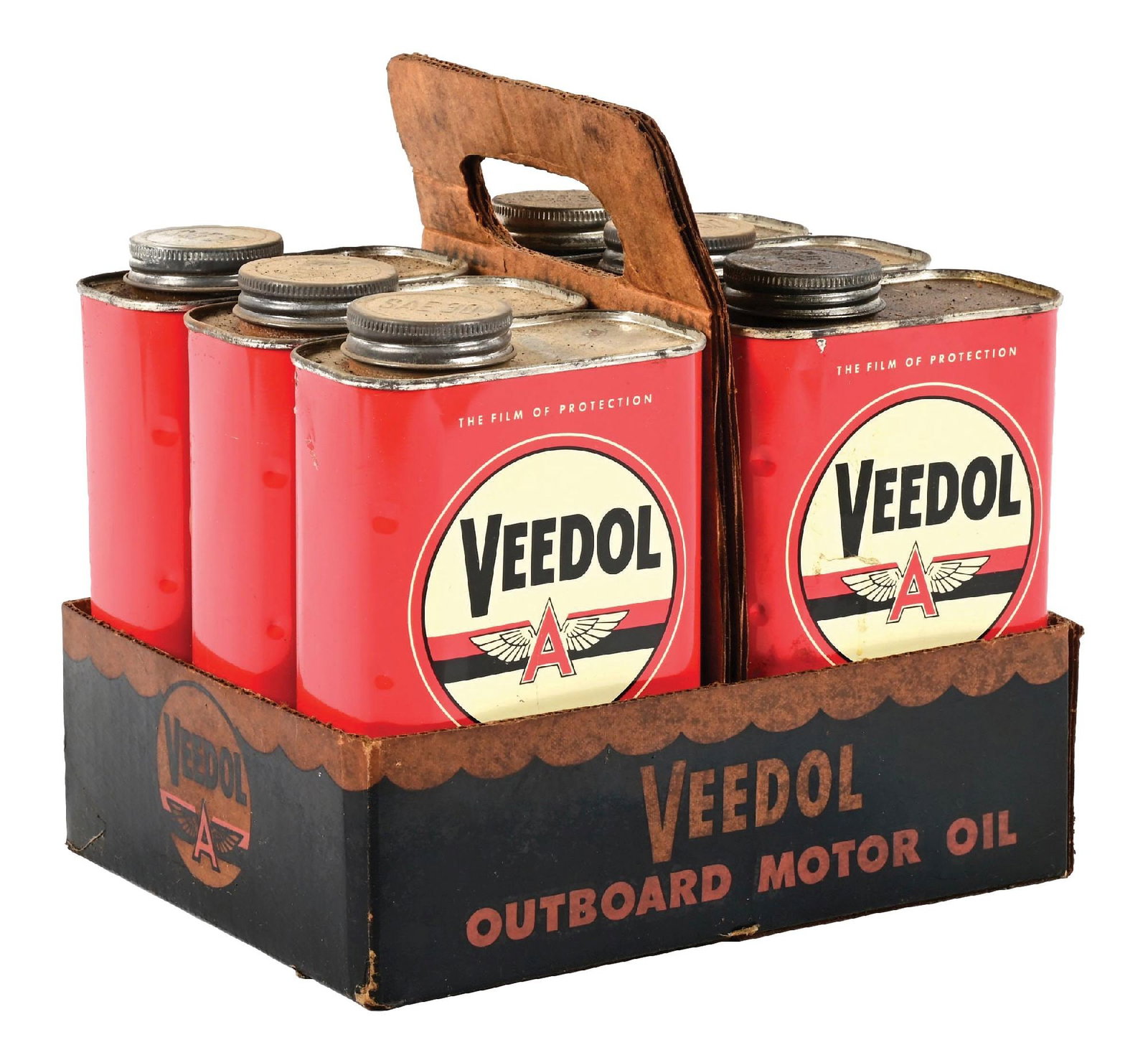 VEEDOL OUTBOARD MOTOR OIL SET OF SIX ONE QUART CANS WITH ORIGINAL CARRYING TOTE (1 of 6)