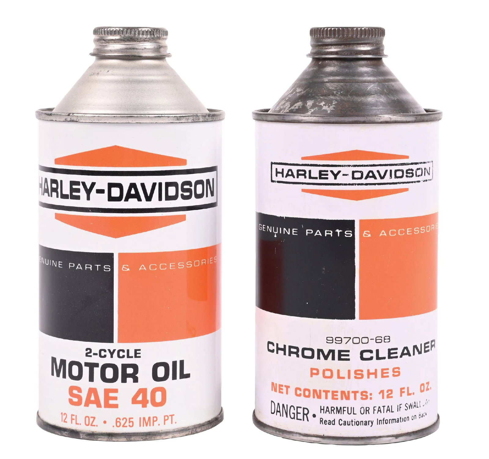 COLLECTION OF 2: HARLEY-DAVIDSON 2-CYCLE MOTOR OIL AND CHROME CLEANER CONE TOP CANS: Collection Consists Of: One Two Cycle Motor Oil and Chrome Cleaner Cone Top Cans. CONDITION: Each in outstanding condition, showing minor areas of light storage wear. Cone tops in excellent condition 