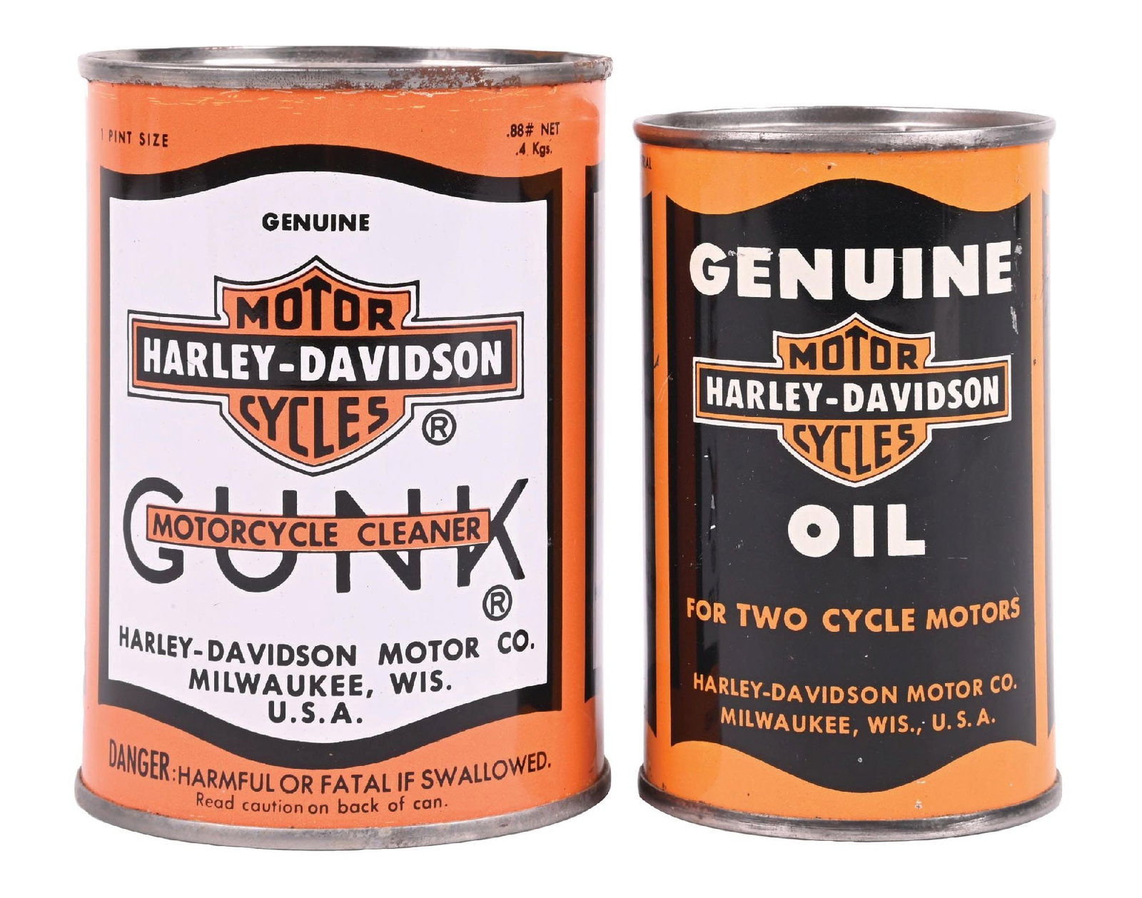 COLLECTION OF 2: HARLEY-DAVIDSON GUNK MOTORCYCLE CLEANER AND TWO-CYCLES OIL HALF AND ONE PINT CANS (1 of 6)