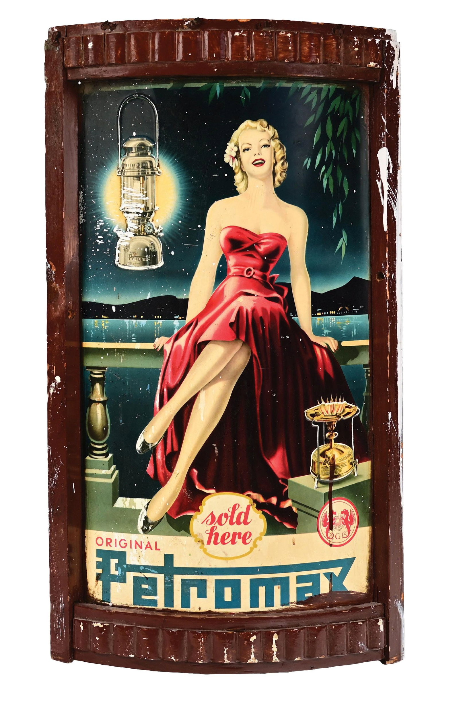 ORIGINAL PETROMAX SOLD HERE SIGN: C. 1920s - 1930s. Rare and difficult to find sign. Beautiful, bright, bold colors throughout. CONDITION: Sign shows some scratching, with staining and discoloration through the bottom white sections. 