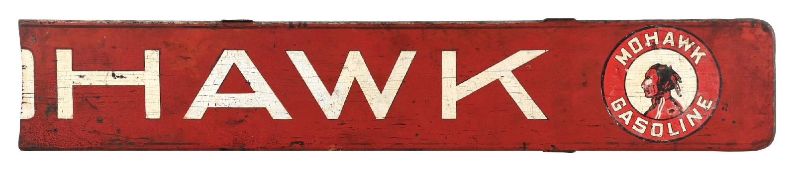 EXTREMELY RARE MOHAWK GASOLINE "DOWN FEATHER" PAINTED WOOD DELIVERY WAGON PANEL SIGN (1 of 3)