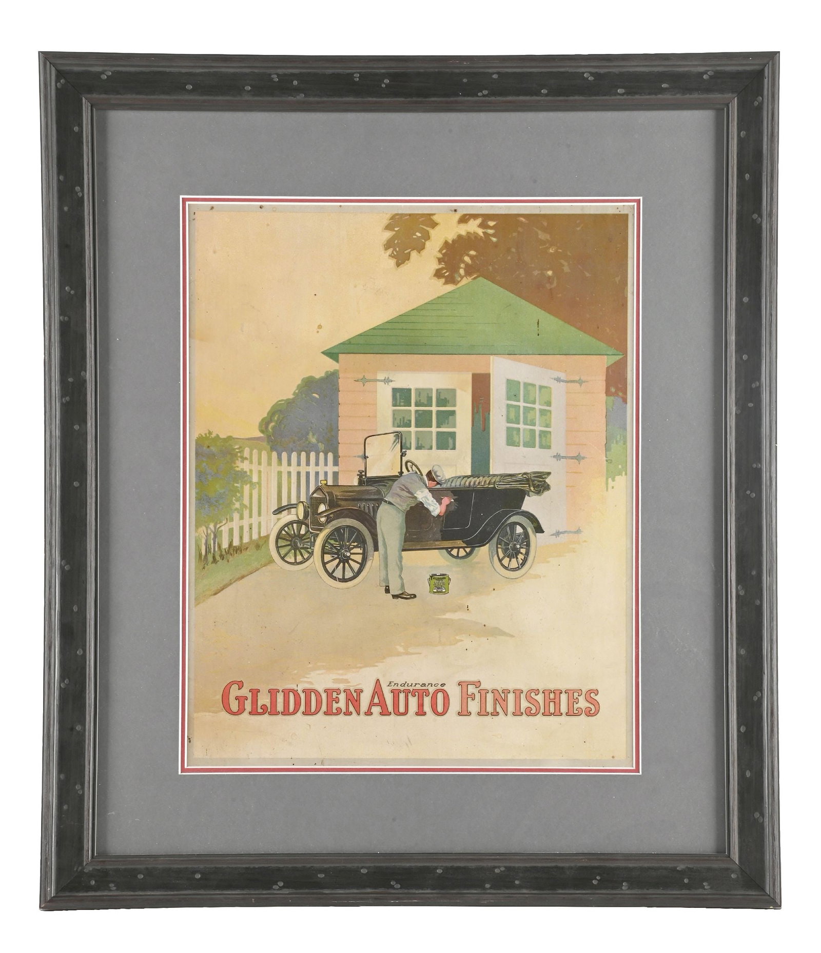 GLIDDEN AUTO FINISHES FRAMED CARDSTOCK ADVERTISING SIGN: Single-Sided Framed Cardstock. C. 1920s. CONDITION: Showing outstanding graphic at the center with excellent color throughout. Minimal areas of light age spotting with some light fade in the lower