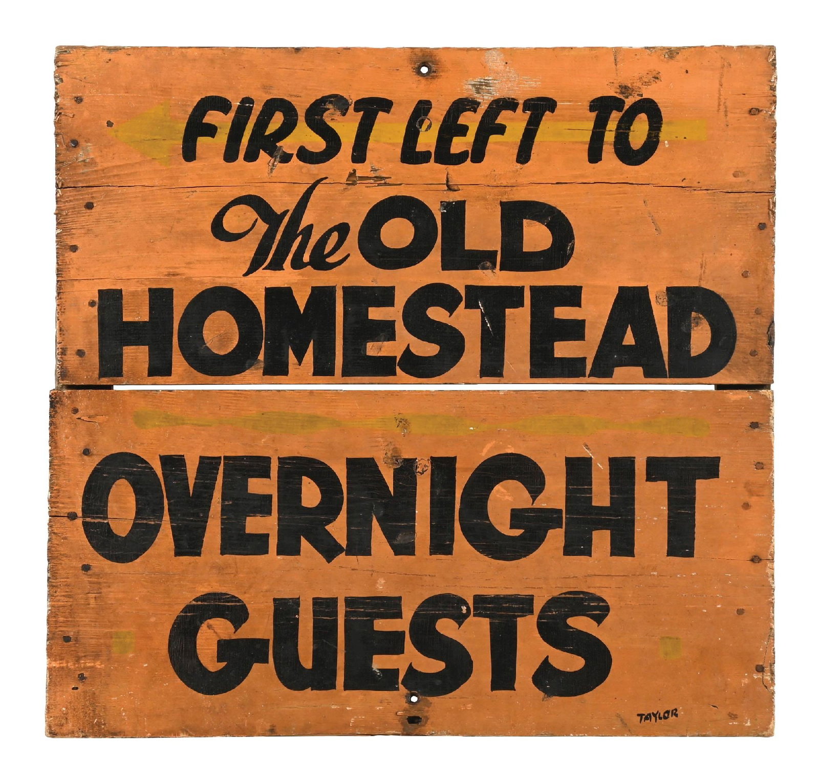FIRST LEFT TO THE OLD HOMESTEAD HAND-PAINTED WOOD DIRECTIONAL SIGN W/ ARROW GRAPHIC (1 of 3)