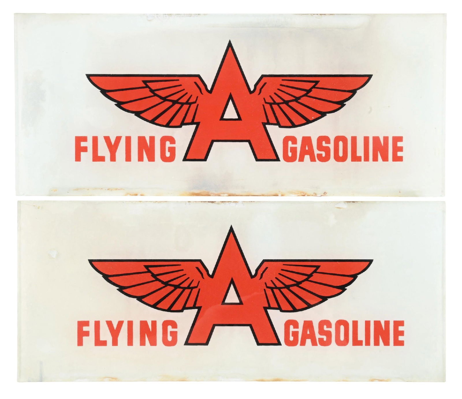 COLLECTION OF 2: FLYING A GASOLINE AD GLASS PANELS: Set of Two. CONDITION: Each showing fair color and gloss with areas of light age discoloration. Paint wear along the outer edges, as well as some minor chips. Condition: (8.0). Dimensions: Each: 12 -