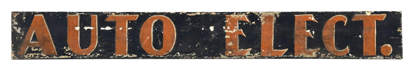 AUTO ELECT PAINTED WOOD SIGN: Single-Sided Painted Wood Sign. C. 1930s. CONDITION: Overall very good, showing bright colors with minor areas of paint checking and surface scratches. Outer edges showing light wear and paint loss, b