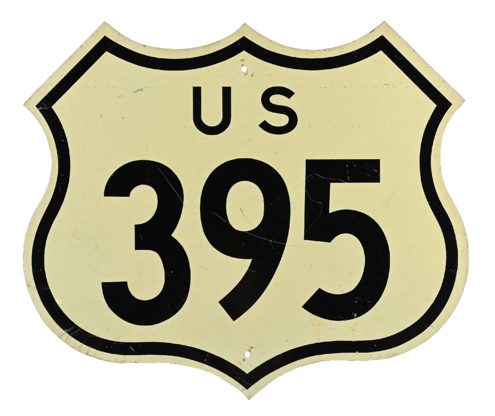 US ROUTE 395 REFLECTIVE METAL SIGN: SST. CONDITION: Excellent condition face showing minor areas of surface scratching and wear with reflective white color. Light wear at the mounting holes and along the outer edges. Condition: (8.25).