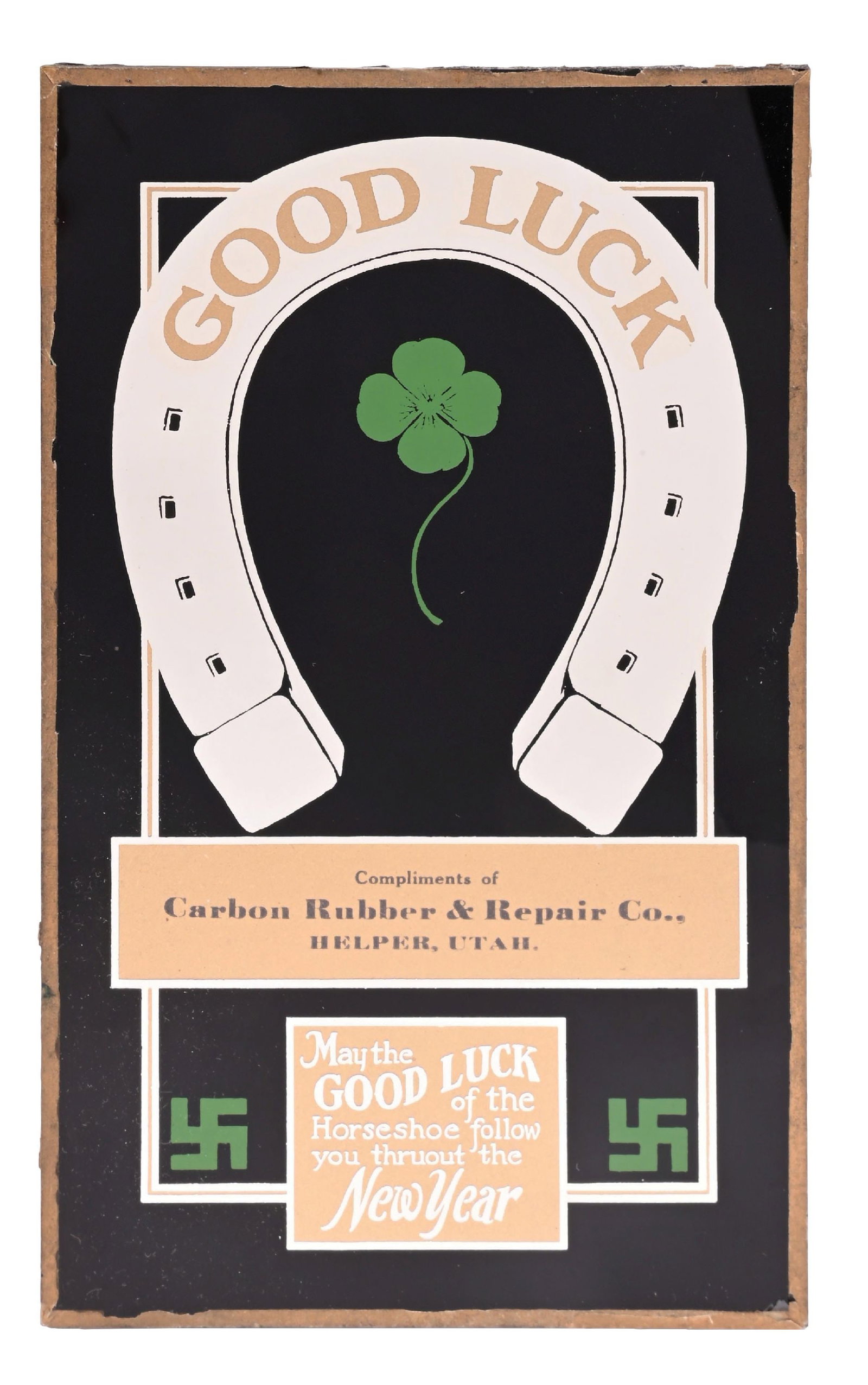 COMPLIMENTS OF CARBON RUBBER & REPAIR CO., REVERSE PAINTED GLASS MIRROR SIGN: Single-Sided Reverse Painted Glass Sign. CONDITION: Excellent color and shine, with minimal areas of light surface wear. Outer edges showing light nicks and paper wear, but overall excellent. A