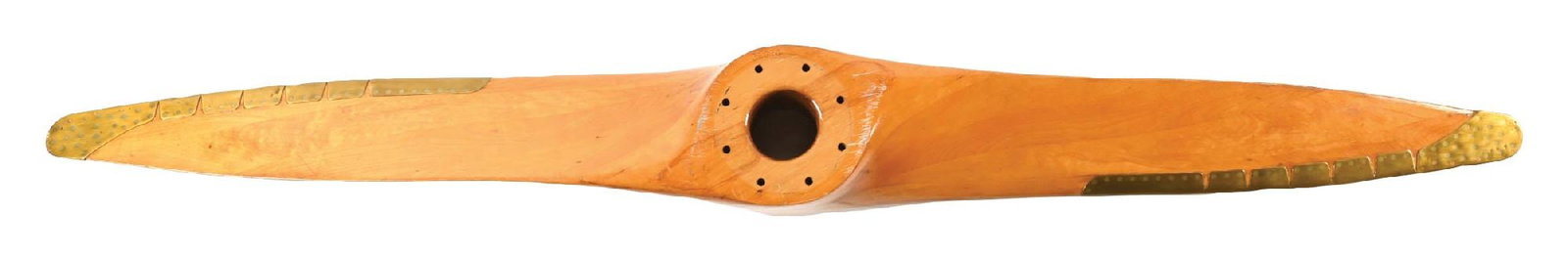 HARTZELL WOODEN AIRPLANE TEST PROPELLER W/ BRASS EDGES: Marked "3678" as well as "AA372643". C. 1920s. CONDITION: Excellent condition, surface showing bright gloss to the wood, free of any damage. Brass edges are in outstanding condition, showing a