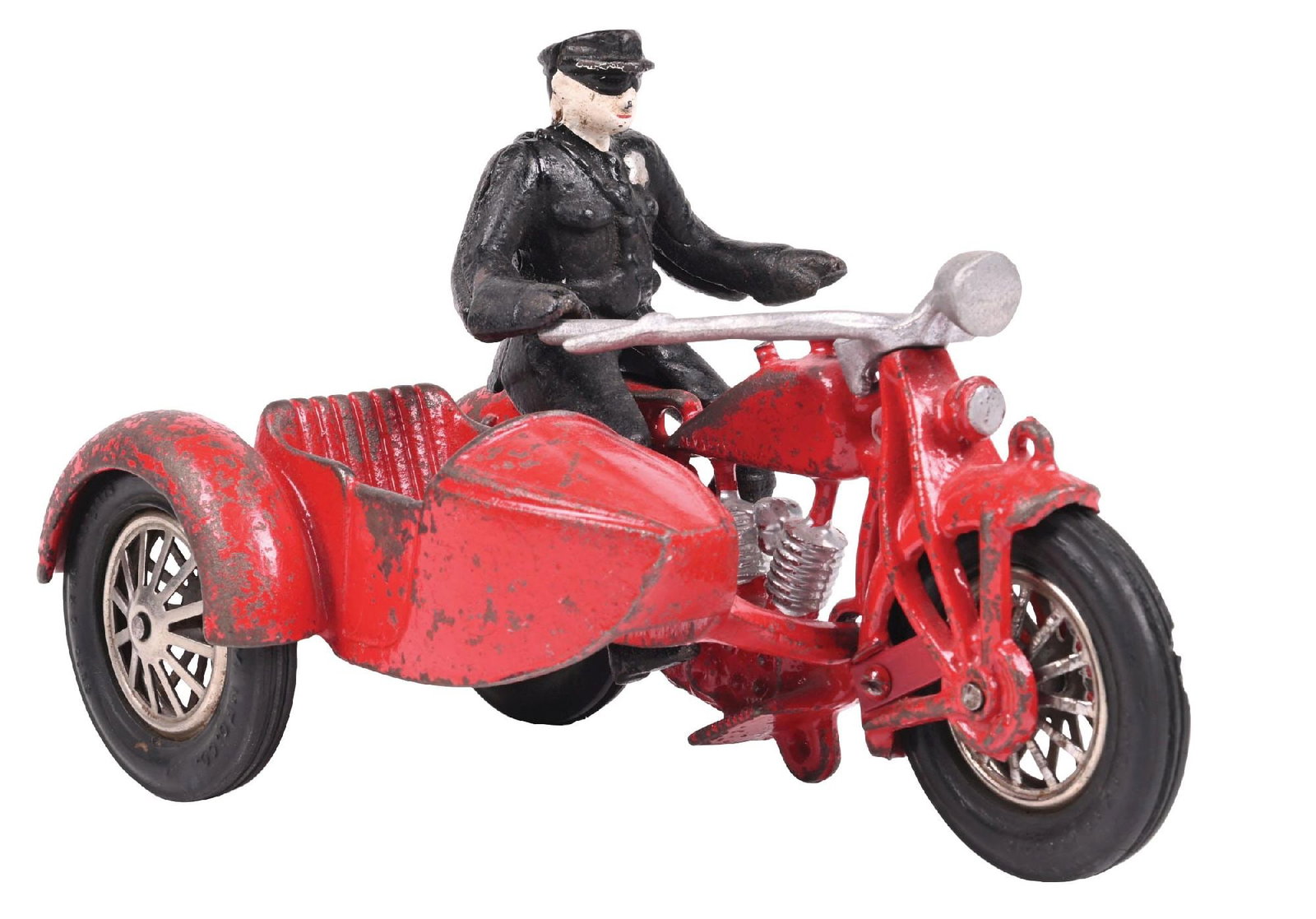 HUBLEY CO. CAST IRON TOY MOTORCYCLE WITH SIDECAR AND POLICE OFFICER FIGURE: CONDITION: Showing a large majority of original paint with no noticeable damage to the cast iron. Police officer figure also in very good condition, showing only light wear. Wheels in very good