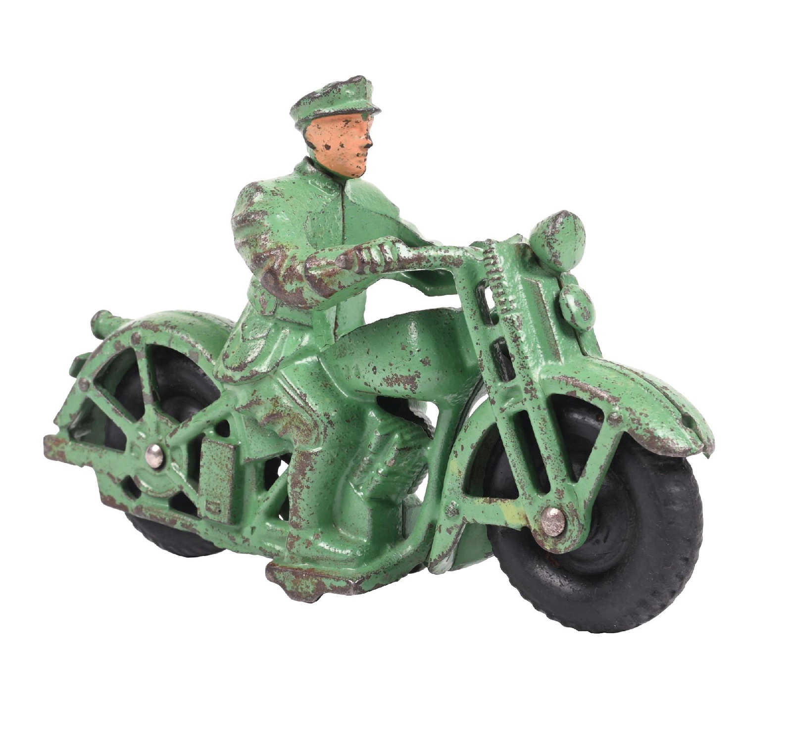 HARLEY-DAVIDSON MOTORCYCLE WITH POLICE OFFICER CAST IRON TOY: CONDITION: Showing a large majority of original green paint with no noticeable damage to the cast iron. Wheels are in very good condition. Displays excellent. Condition: (Very Good). Dimensions: 6 -