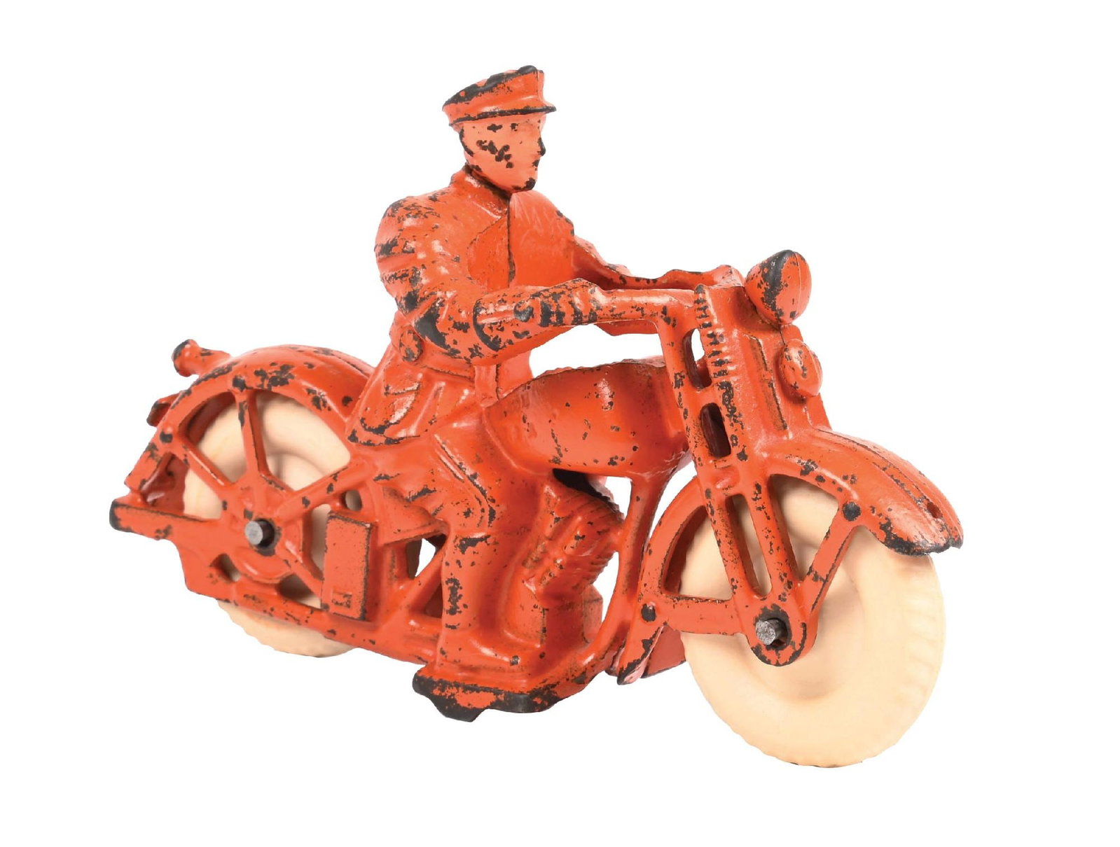 CAST IRON POLICE PATROL MOTORCYCLE TOY: CONDITION: Showing a large majority of original paint with no noticeable damage to the cast iron. Wheels appear to have been replaced at one point. Displays excellent. Condition: (Very Good).