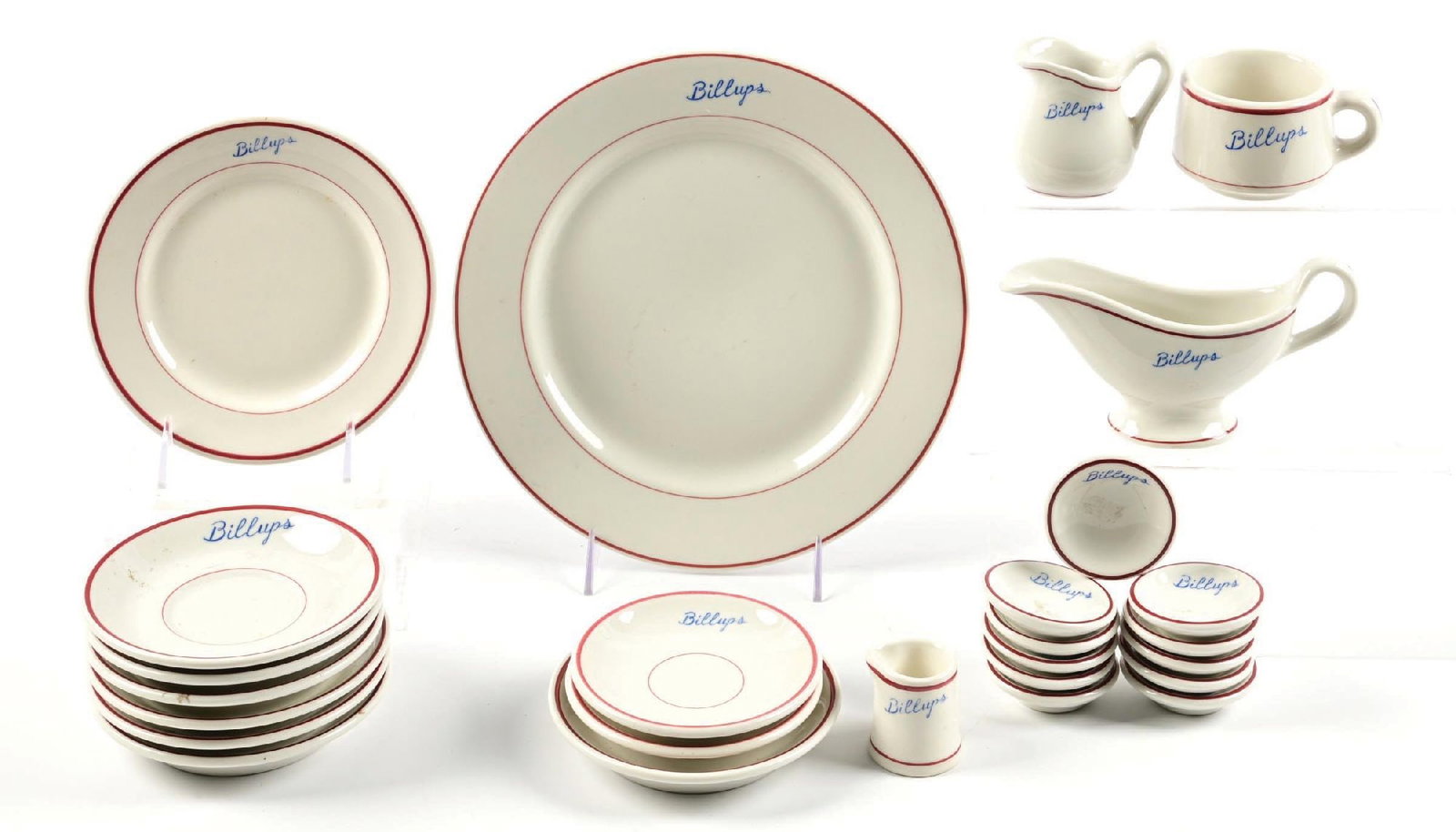 RARE COLLECTION OF 26 BILLUPS GASOLINE CHINA SET BY ALBERT PICK CO. INC.: Large Collection of twenty six pieces of service China showing "Billups" written into each piece. Most likely used in Billups corporate offices with not many surviving examples. Pieces are maker