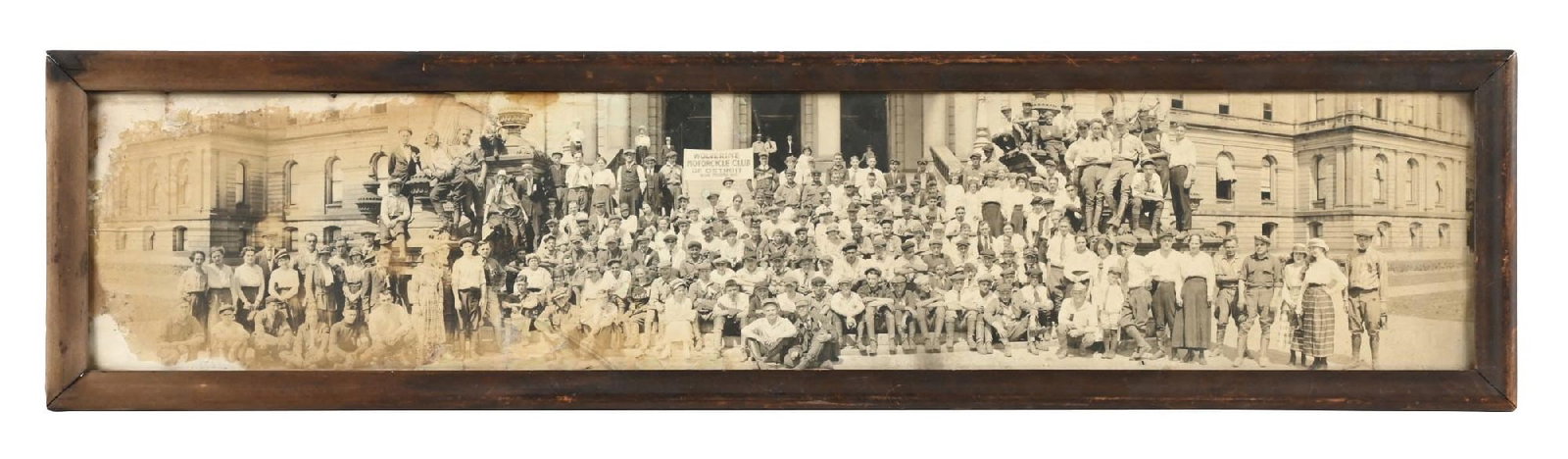 ORIGINAL "WOLVERINE MOTORCYCLE CLUB OF DETROIT" YARD-LONG PHOTOGRAPH: C. 1920s. CONDITION: Photo in fair condition throughout, showing large group of motorcycle club members, some of which wearing notable Indian Motorcycle sweaters. Photo showing heavier wear along edge