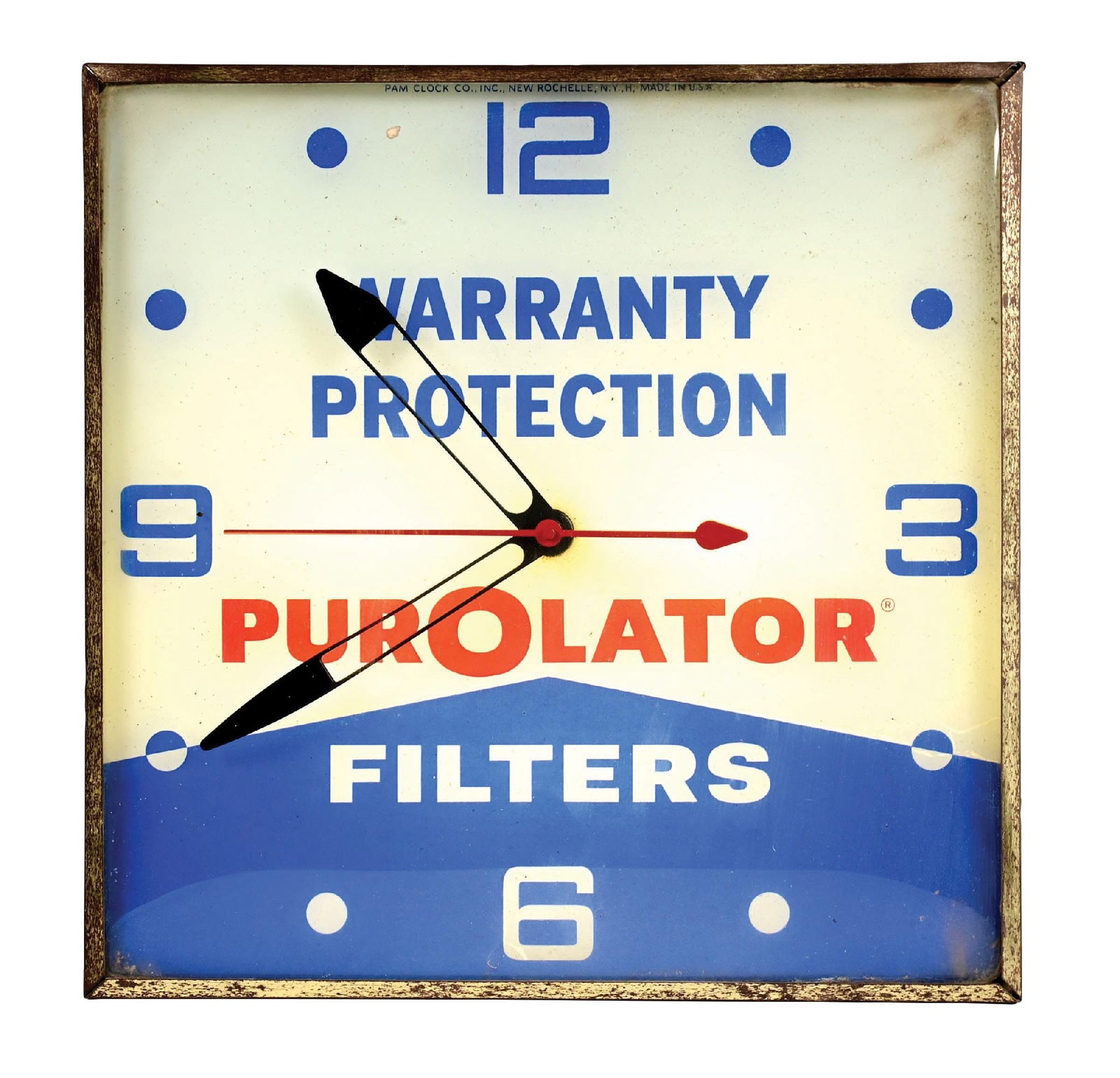 PUROLATOR OIL FILTERS ADVERTISING CLOCK: Maker Marked Pam Clock Company. CONDITION: Fair condition throughout the face, showing minor areas of lifting in the advertising face. Light wear along the edges, with moderate surface wear to the