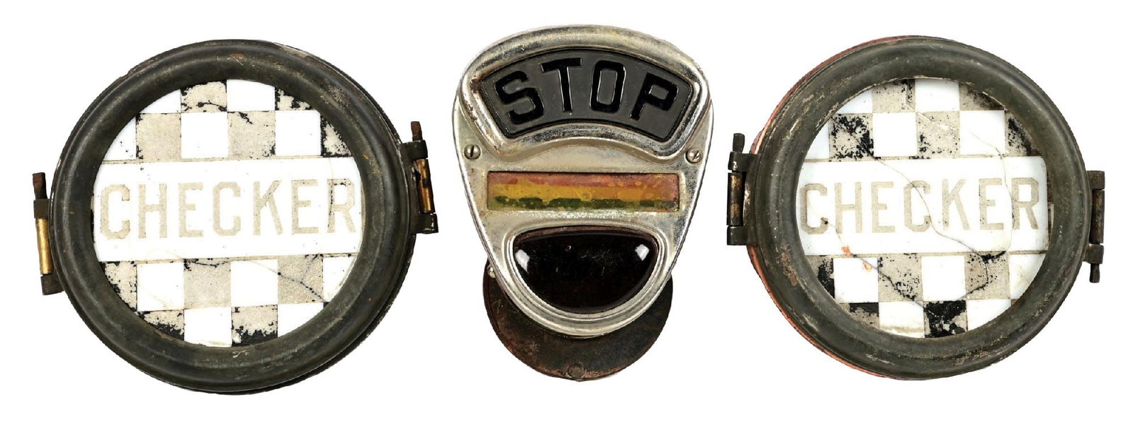 COLLECTION OF 3: CHECKER LIGHTED LENSES & AND STOP TAIL LIGHT ATTACHMENT: Collection Consists of: Two Checker lighted lamps, each showing milk glass lenses and one "Stop" Automobile attachment. CONDITION: Checkers each showing repaired breaks to the glass, with very good