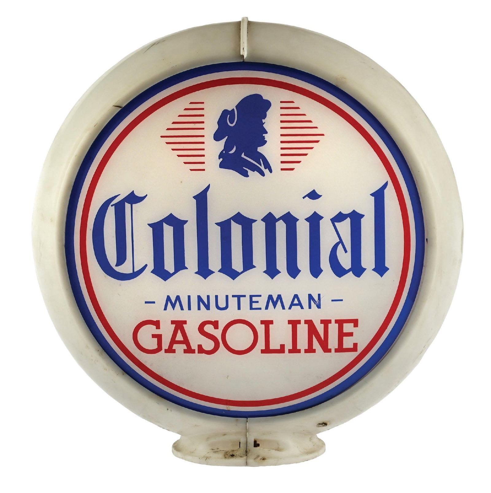 COLONIAL MINUTEMAN GASOLINE COMPLETE 13.5" GLOBE ON CAPCO BODY: Complete 13.5" Globe On Original Capco Body. CONDITION: Lens one is in excellent condition throughout, showing only minimal age and surface wear. Lens two also very good, but shows a star chip in the