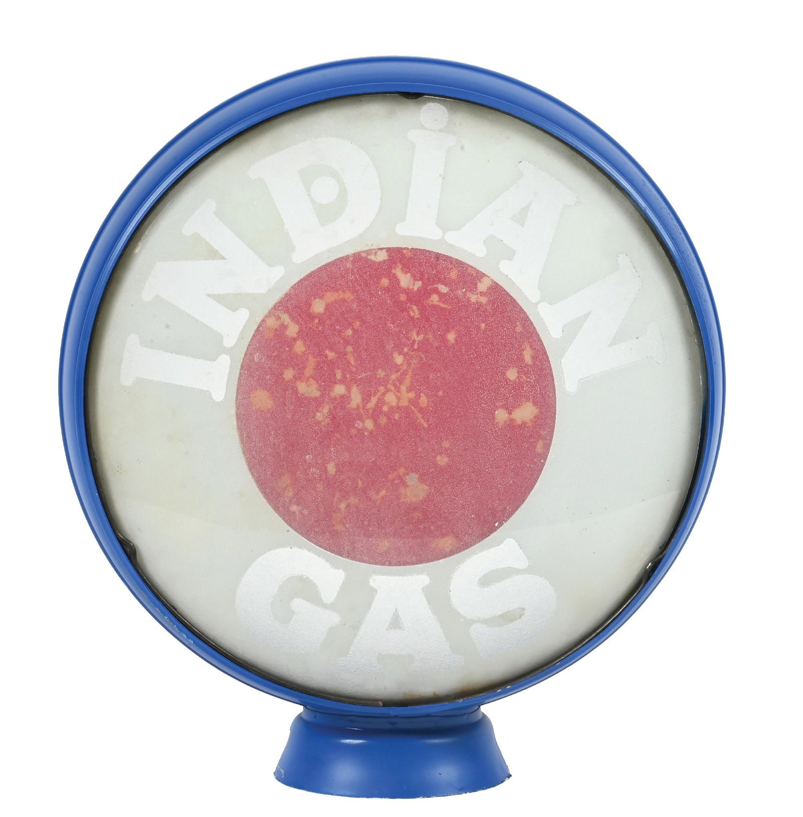 RARE INDIAN GAS SINGLE 15" GLOBE ON LOW PROFILE METAL BODY: Single 15" Globe Lens on Low Profile Metal Body. C. 1920s. CONDITION: Lens shows moderate to heavy wear throughout the surface, with paint loss throughout the lettering. Displays an excellent patina