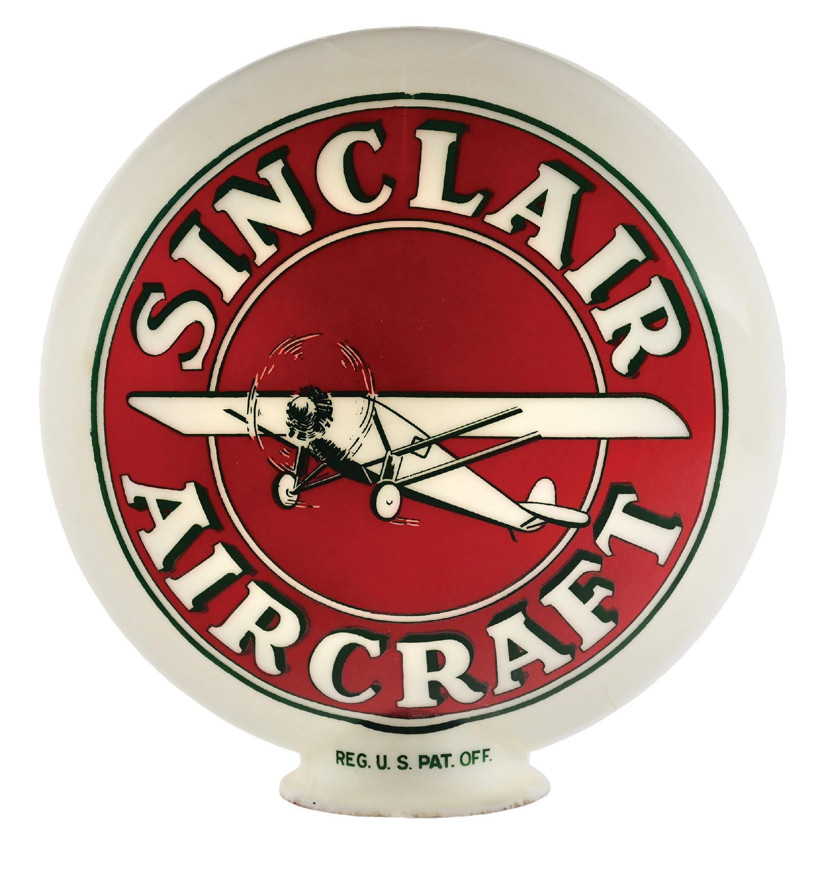 RARE SINCLAIR AIRCRAFT ONE PIECE BAKED GLOBE W/ AIRPLANE GRAPHIC: One Piece Baked Globe. An outstanding example of this iconic globe from Sinclair showing excellent color with iconic airplane graphic. Globe is dated February of 1929. CONDITION: Overall excellent,