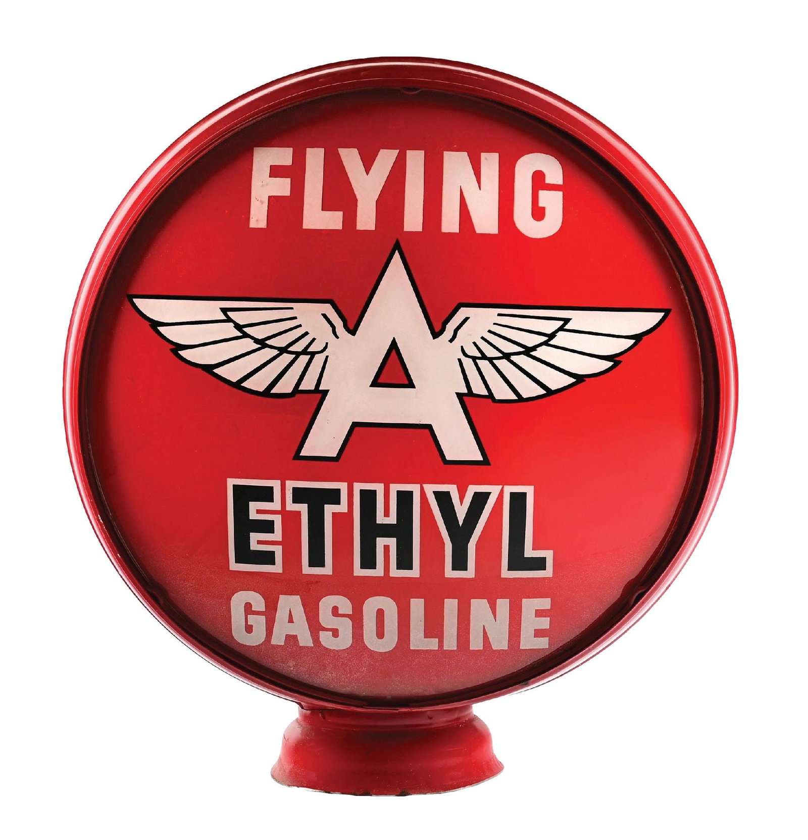 FLYING A ETHYL GASOLINE COMPLETE 15" GLOBE ON METAL L.P. BODY: Complete 15" Globe on original low-profile metal body. CONDITION: Lens one overall excellent, showing great color and shine with light surface and edge wear. Lens two showing some areas of