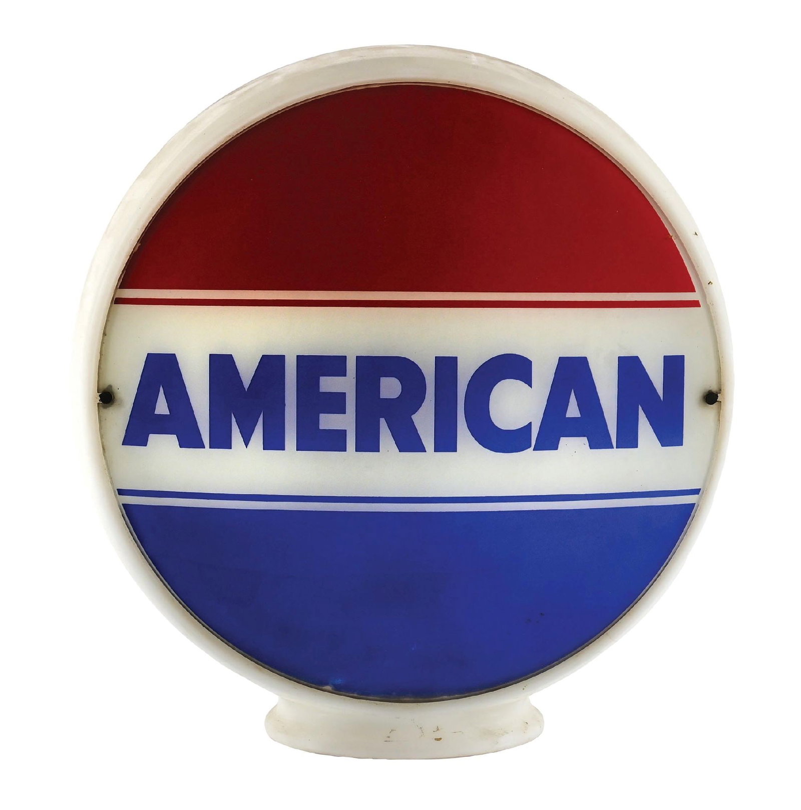 AMERICAN GASOLINE COMPLETE 12.5" GLOBE ON WIDE MILK GLASS BODY: Complete 12.5" Globe. CONDITION: Lens one is overall very good, showing bright color with light edge and mounting notch wear. Lens two is complete, but shows a crack across the center field. Body in