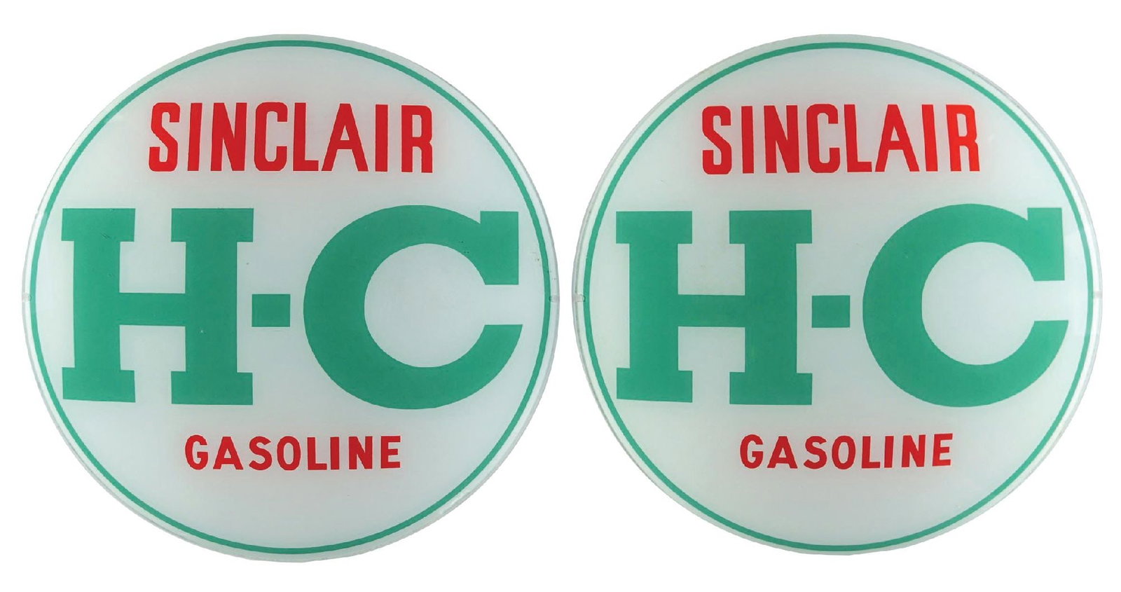 SET OF TWO: SINCLAIR H-C GASOLINE 13.5" GLOBE LENSES: Set of two original 13.5" Sinclair H-C Gasoline Globe lenses with original shipping paper. CONDITION: Each in outstanding condition, showing little to no noticeable wear. Lenses were found NOS and