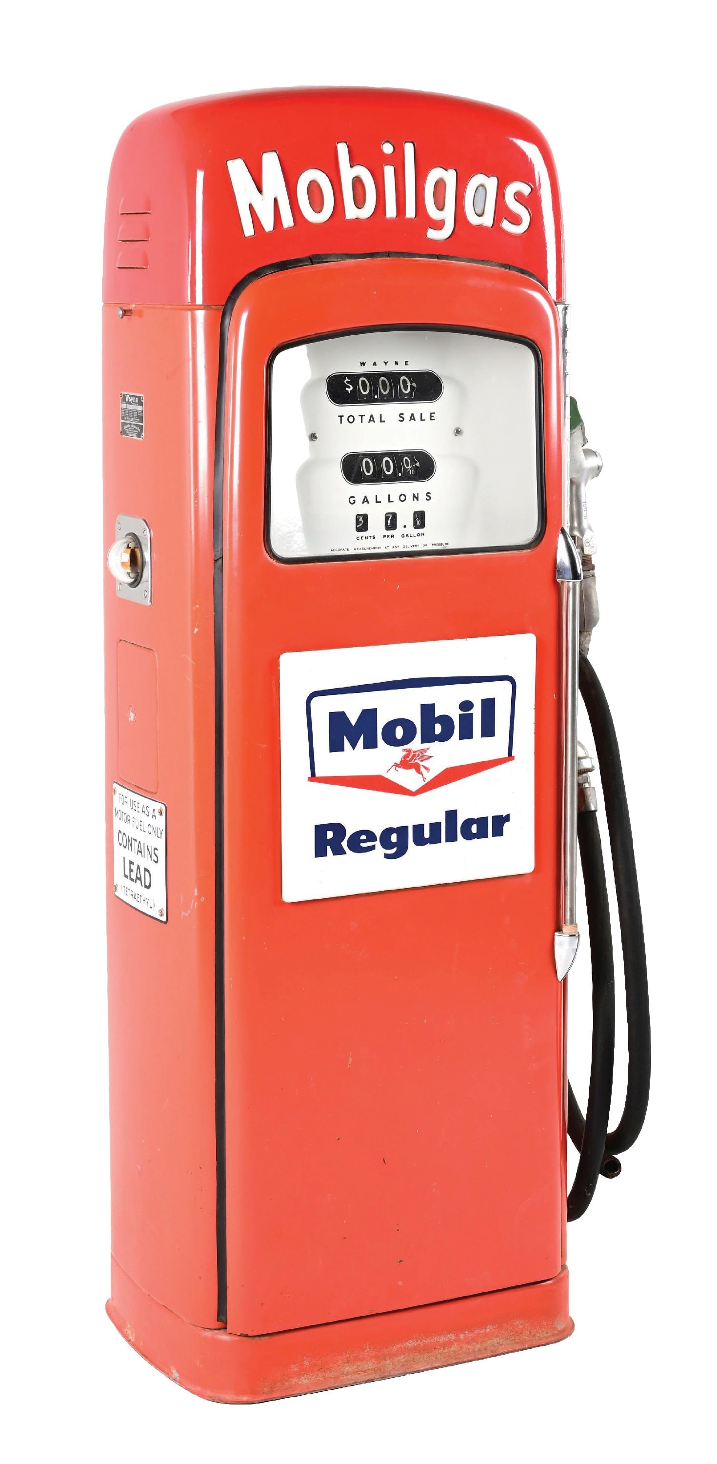 WAYNE MODEL #90 SCRIPTOP GAS PUMP FOR MOBILGAS: CONDITION: Pump appears to be in original condition throughout, showing two original porcelain pump plates and Mobil script top. Light areas of general age wear to the paint and trim, but overall
