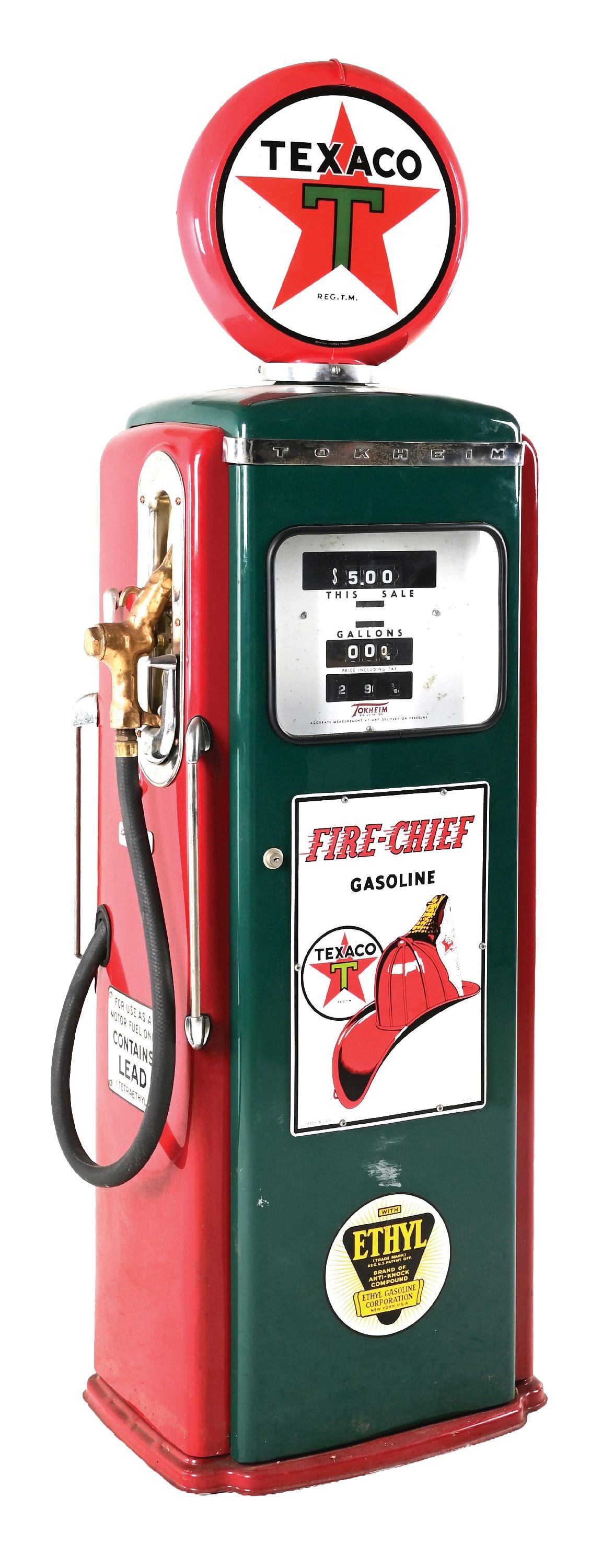 TOKHEIM 300 GAS PUMP RESTORED IN FIRE-CHIEF GASOLINE: CONDITION: Showing older restoration done in Texaco. General age wear to the restoration, showing minor age staining. Showing reproduction globe and pump plate. Includes hose and nozzle. This is not