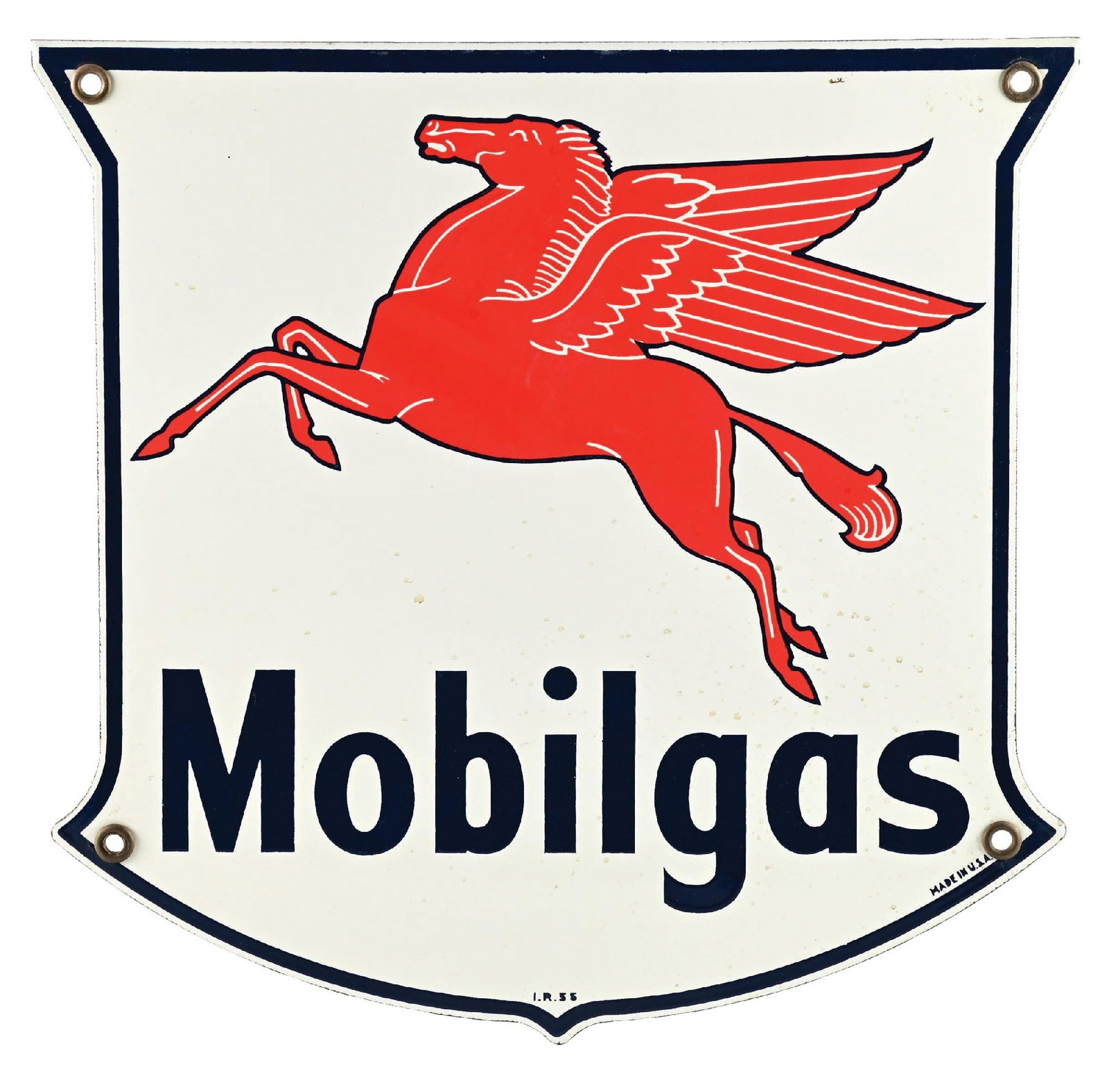 MOBILGAS PORCELAIN PUMP PLATE SIGN WITH PEGASUS GRAPHIC: SSP. Maker marked Ingram Richardson, Dated 1955. CONDITION: Excellent color and gloss throughout, showing minimal spotting in the field with light surface wear. Mounting holes in excellent condition,