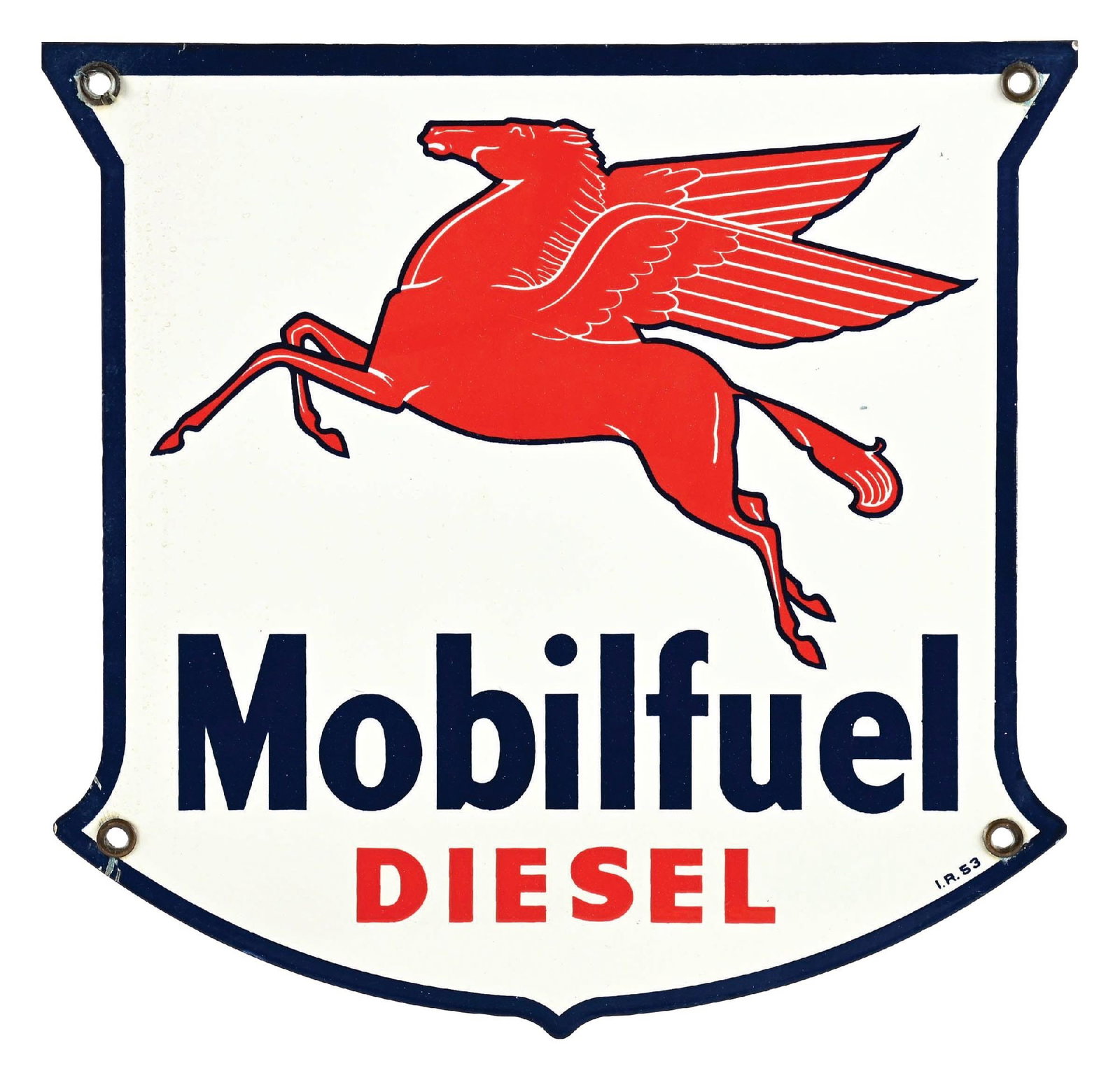 MOBILFUEL DIESEL PORCELAIN PUMP PLATE SIGN WITH PEGASUS GRAPHIC: SSP. Maker marked Ingram Richardson, Dated 1953. CONDITION: Excellent color and shine with limited surface wear in the field. Minimal mounting hole wear with one chip at the lower-left edge and one